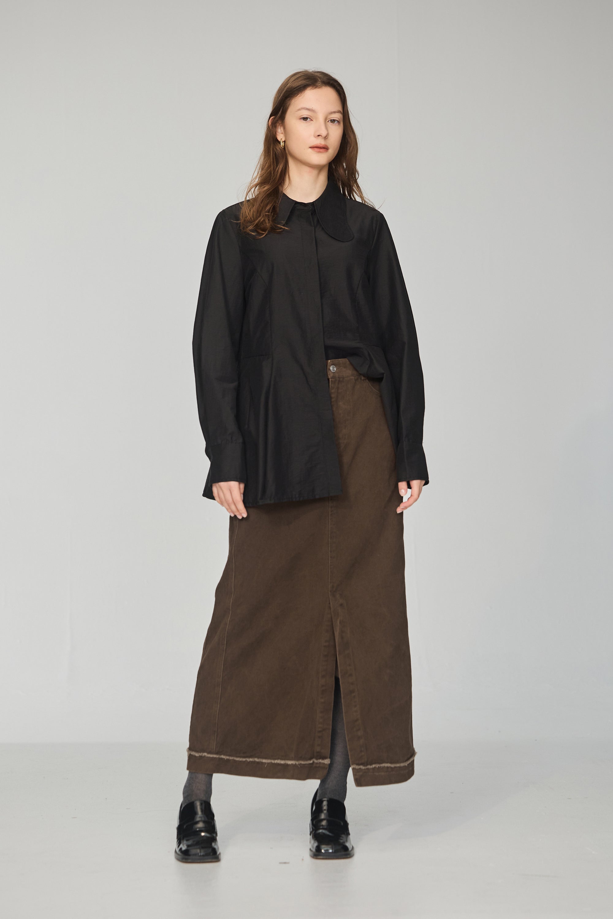 絨面抽鬚斜紋ALINE長裙-咖