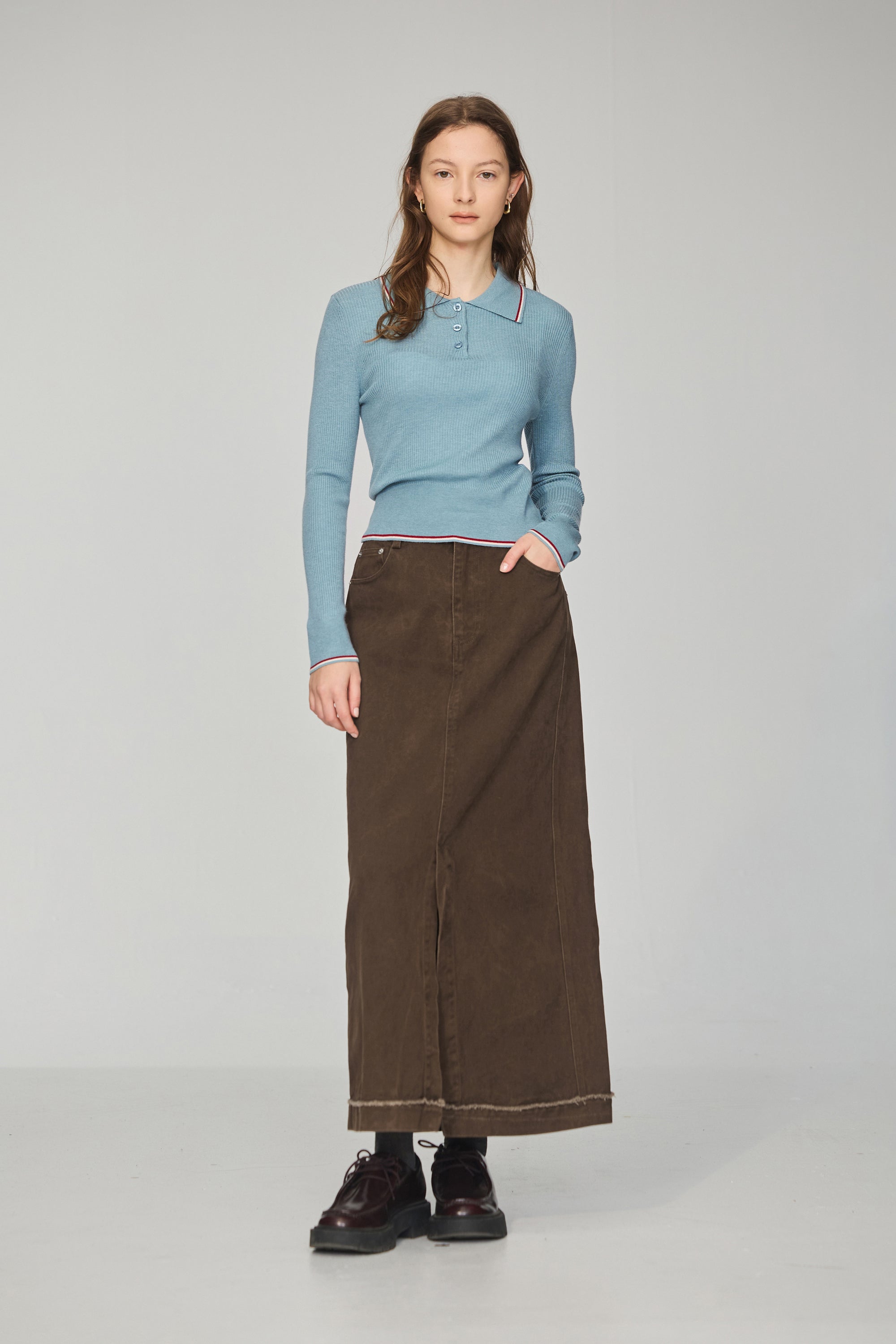 絨面抽鬚斜紋ALINE長裙-咖