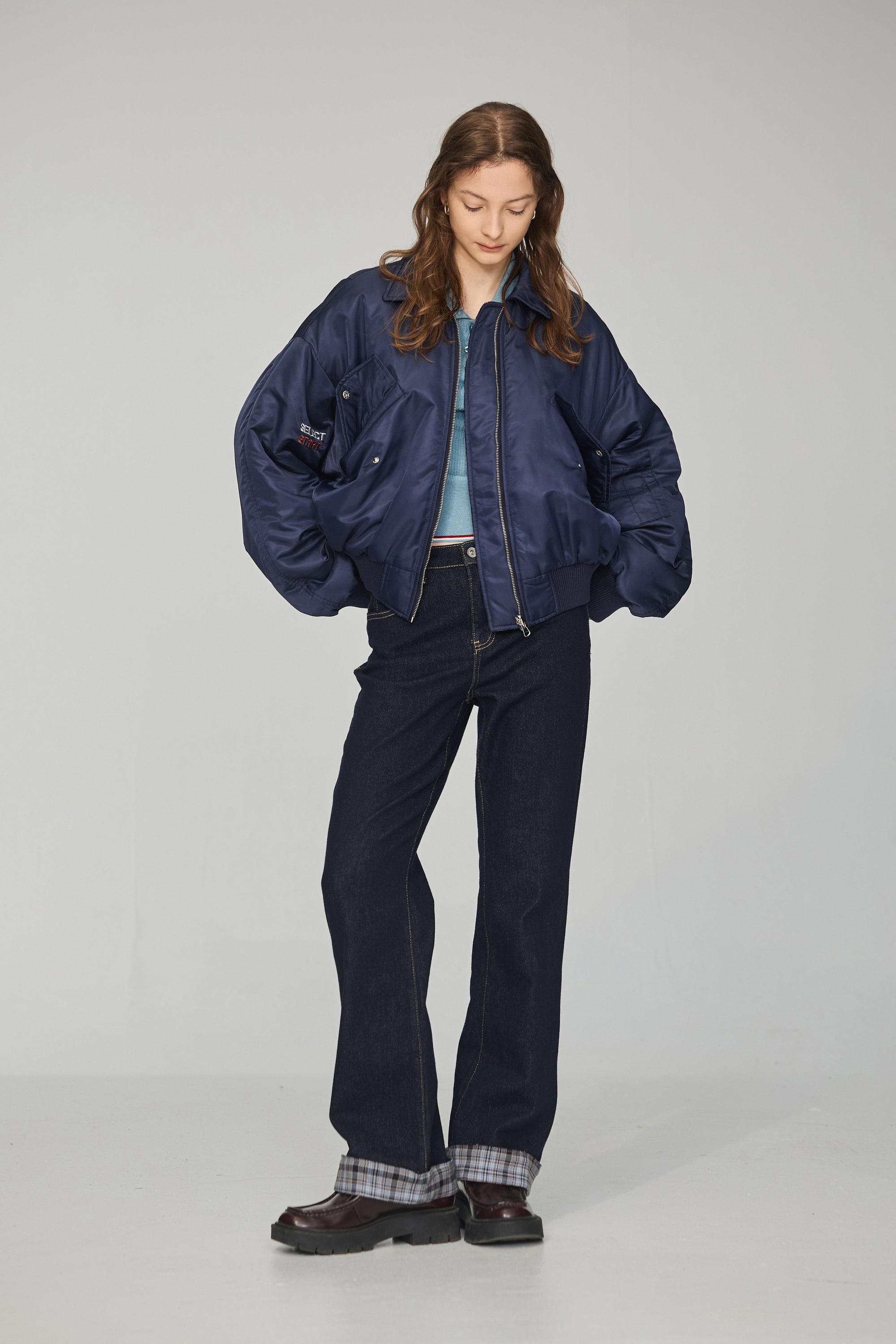 輕防潑水兩面穿格紋舖棉外套-藍色