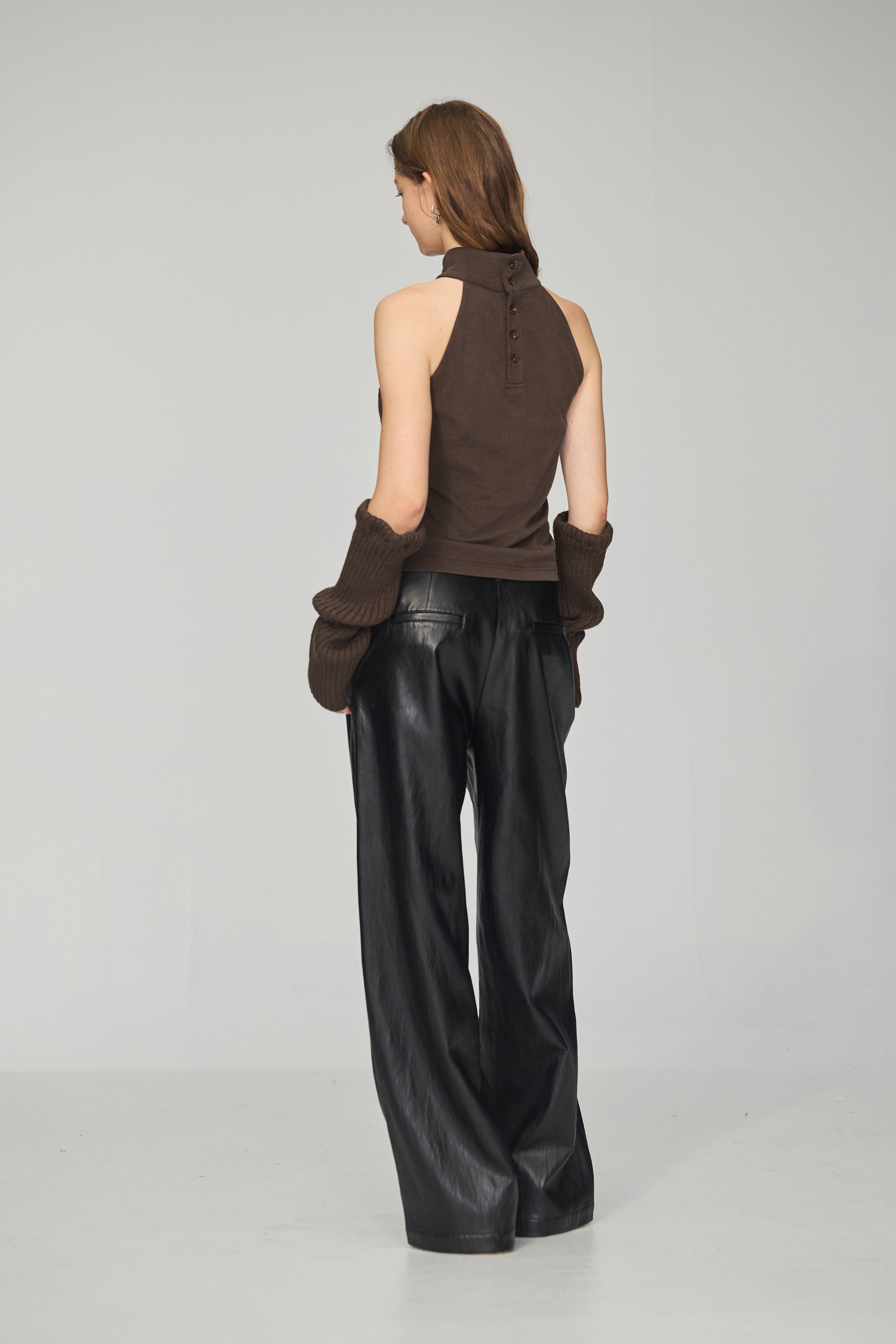 造型車線皮革長褲-黑