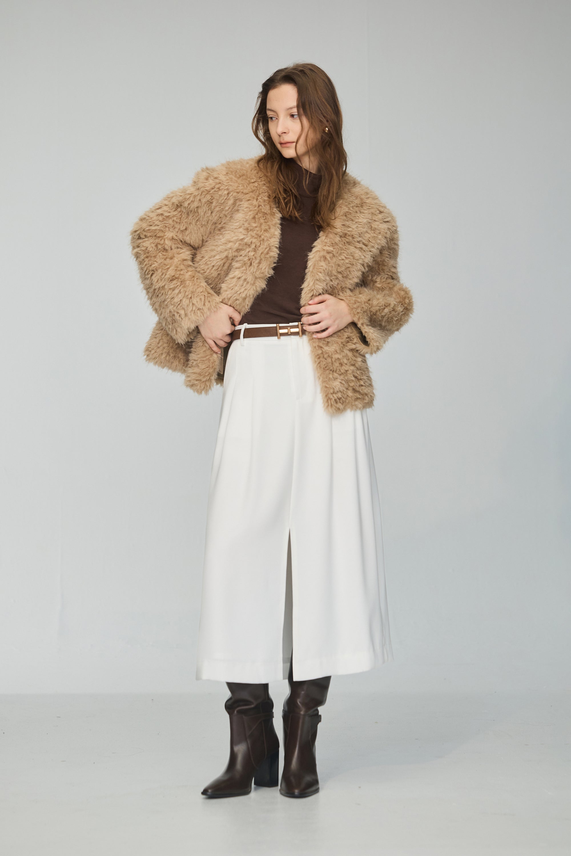 毛絨拼接皮革外套-卡其