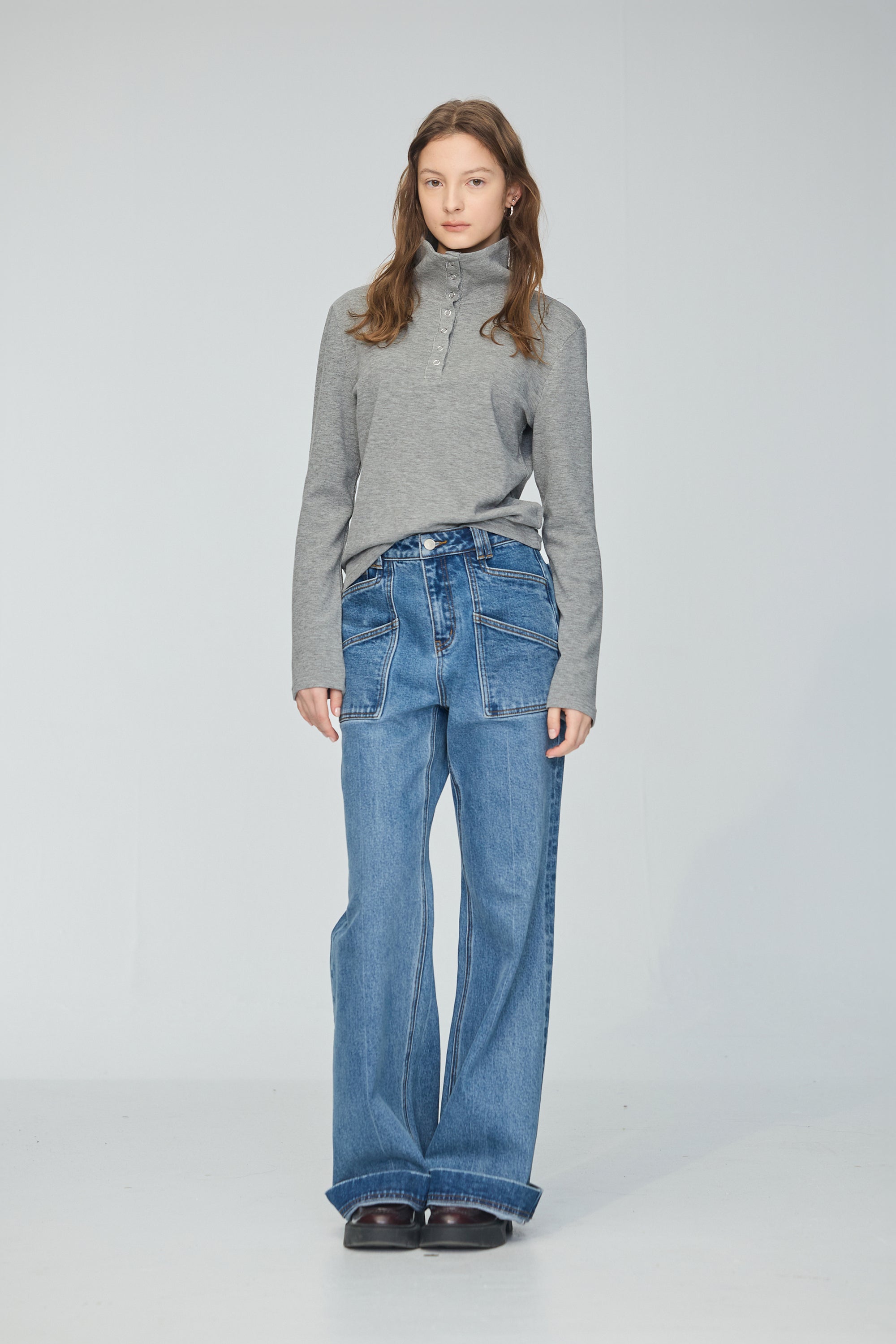 厚磅雙口袋丹寧牛仔直筒褲-藍色