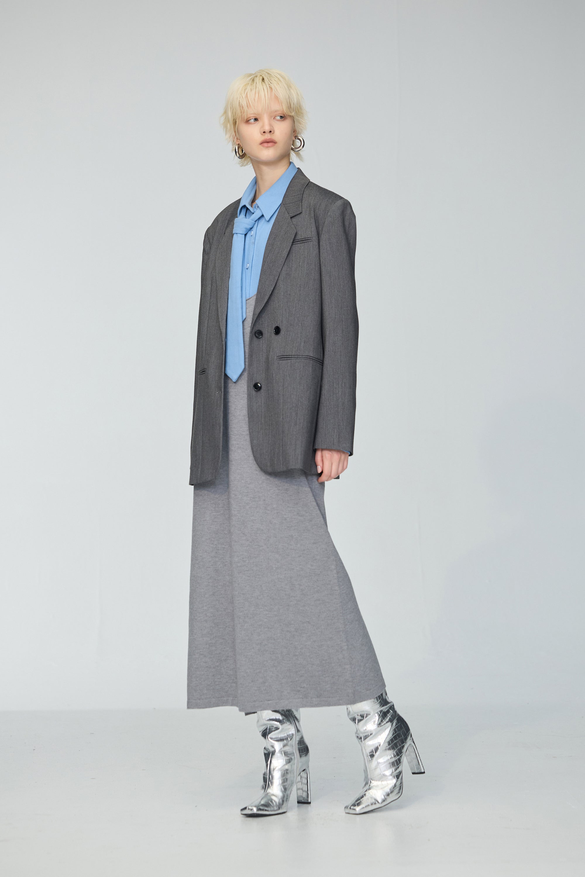 V領吊帶針織長洋-灰