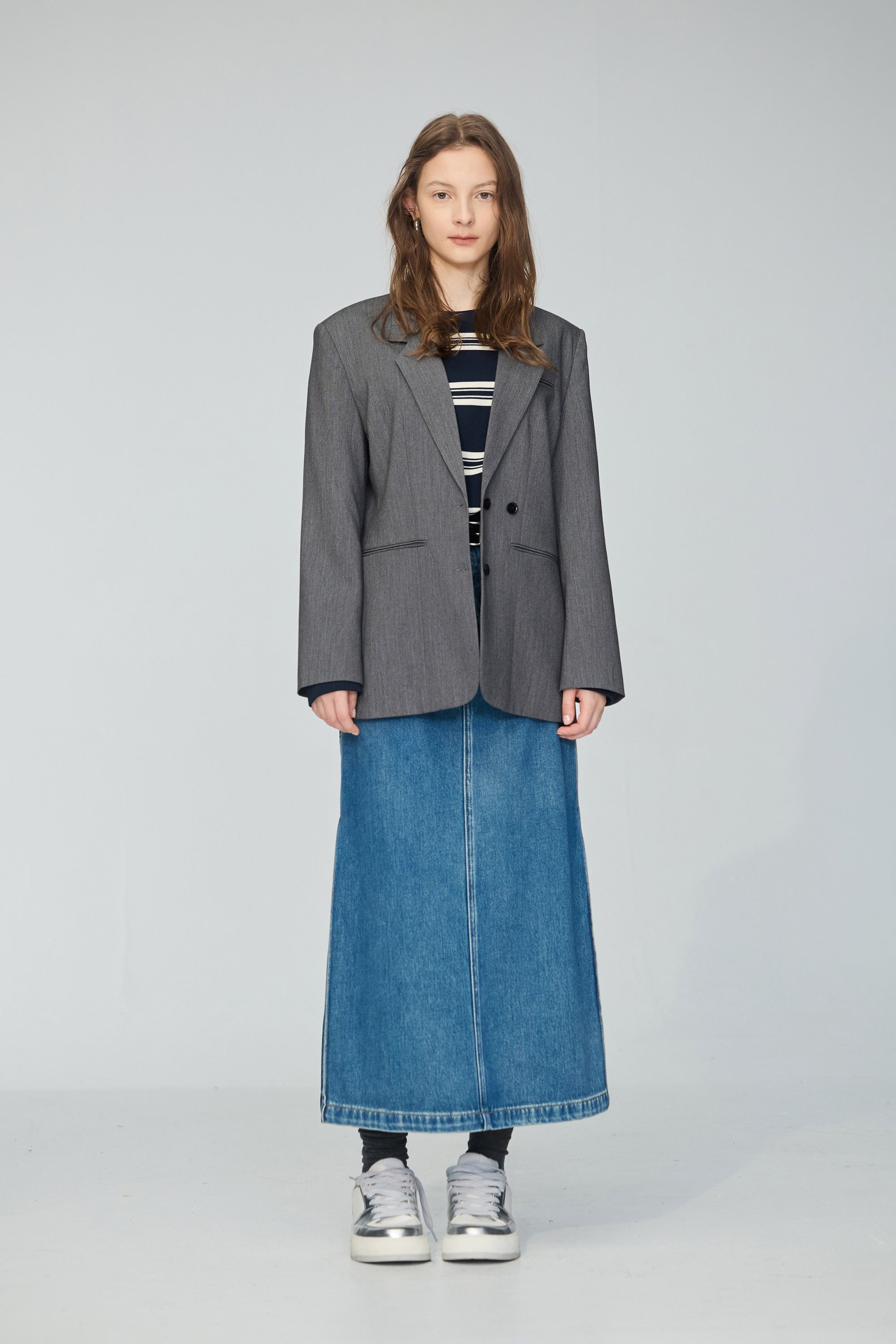 造型抓褶水洗丹寧長裙-藍色