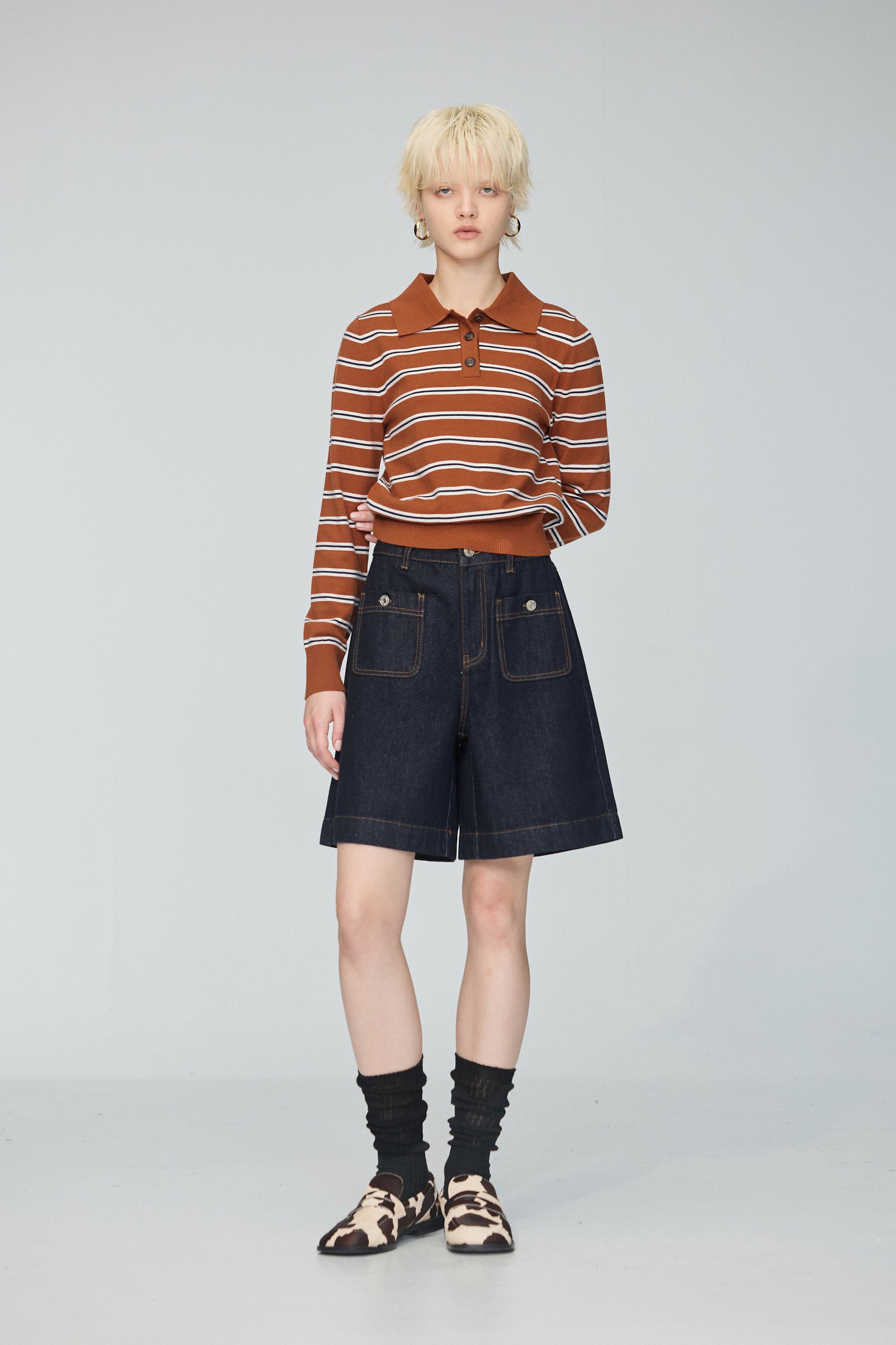 造型雙口袋丹寧五分丹寧短褲-藍色