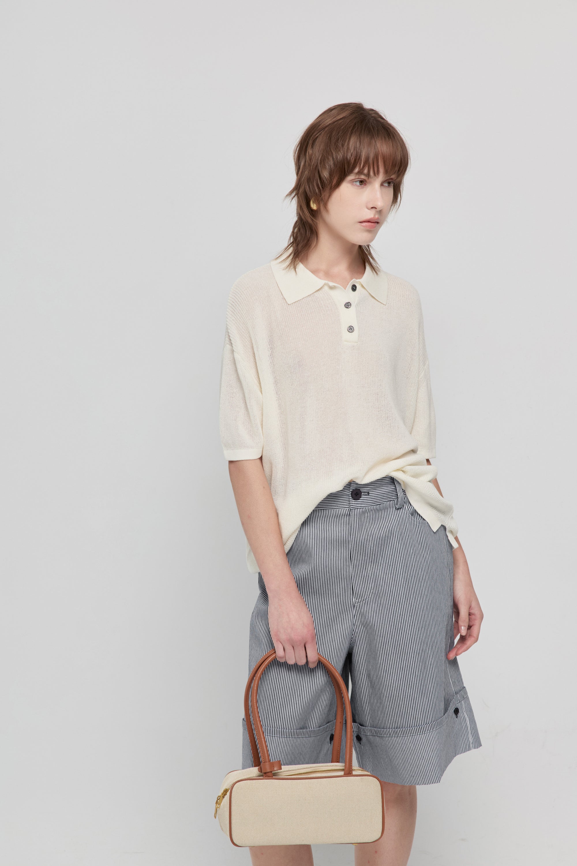 萊賽爾半開襟休閒寬鬆針織上衣-米