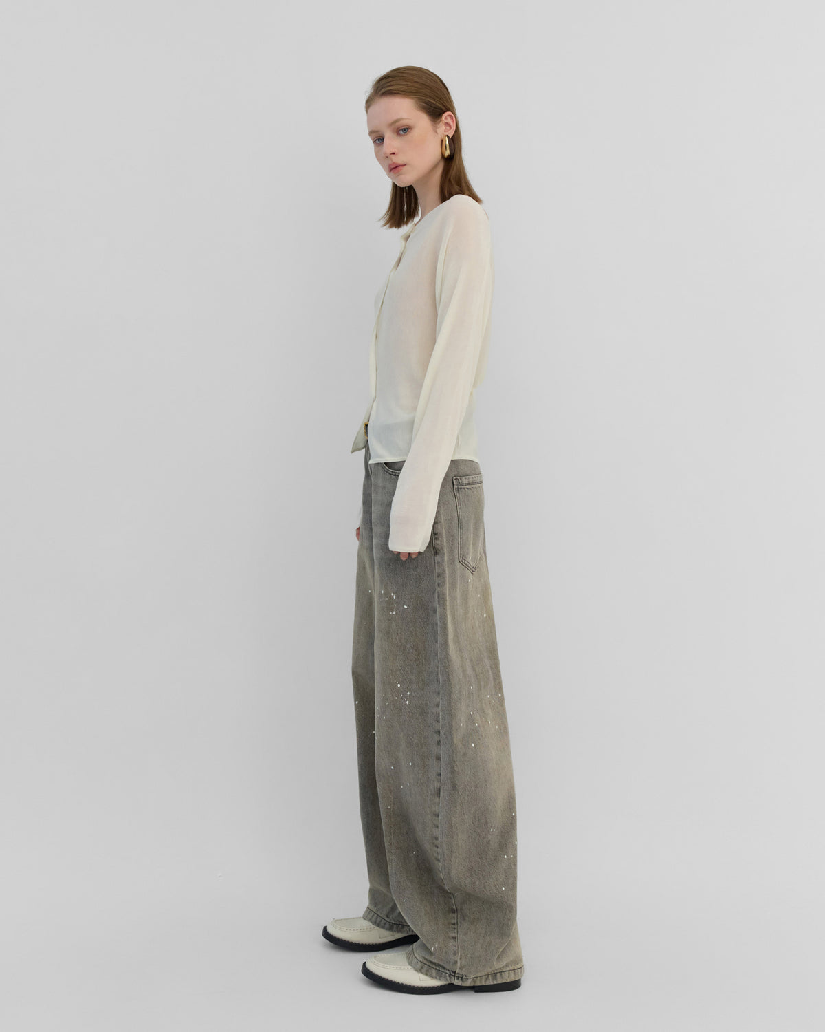 輕薄蠶絲混紡長袖針織外套-米