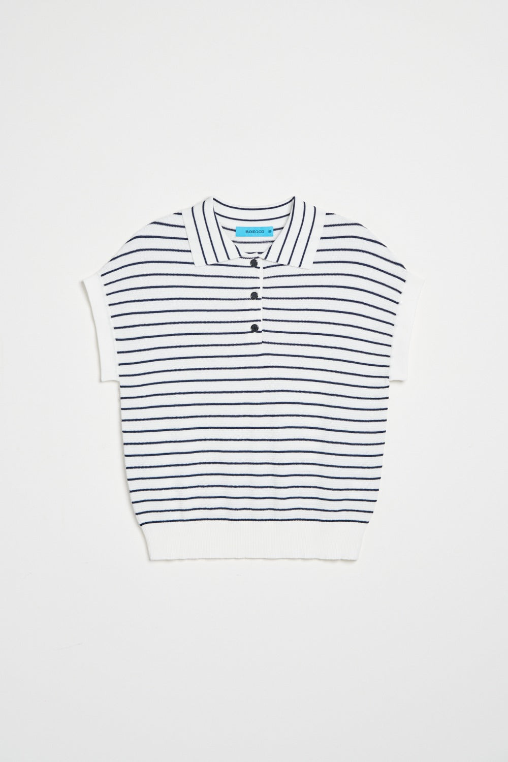 顆粒感條紋襯衫領短袖針織上衣-藍白條