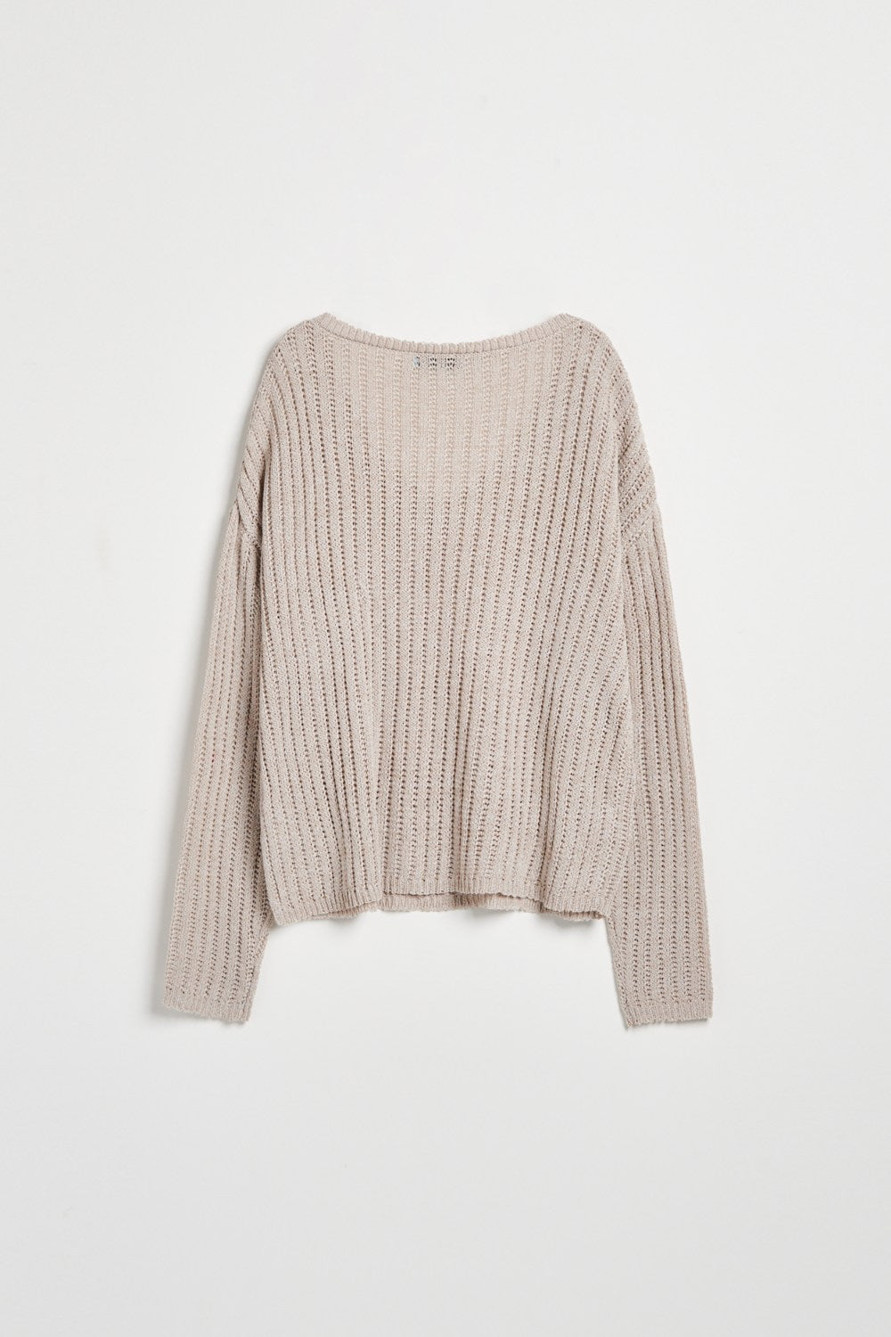 鏤空編織微透感V領寬鬆針織上衣-卡其