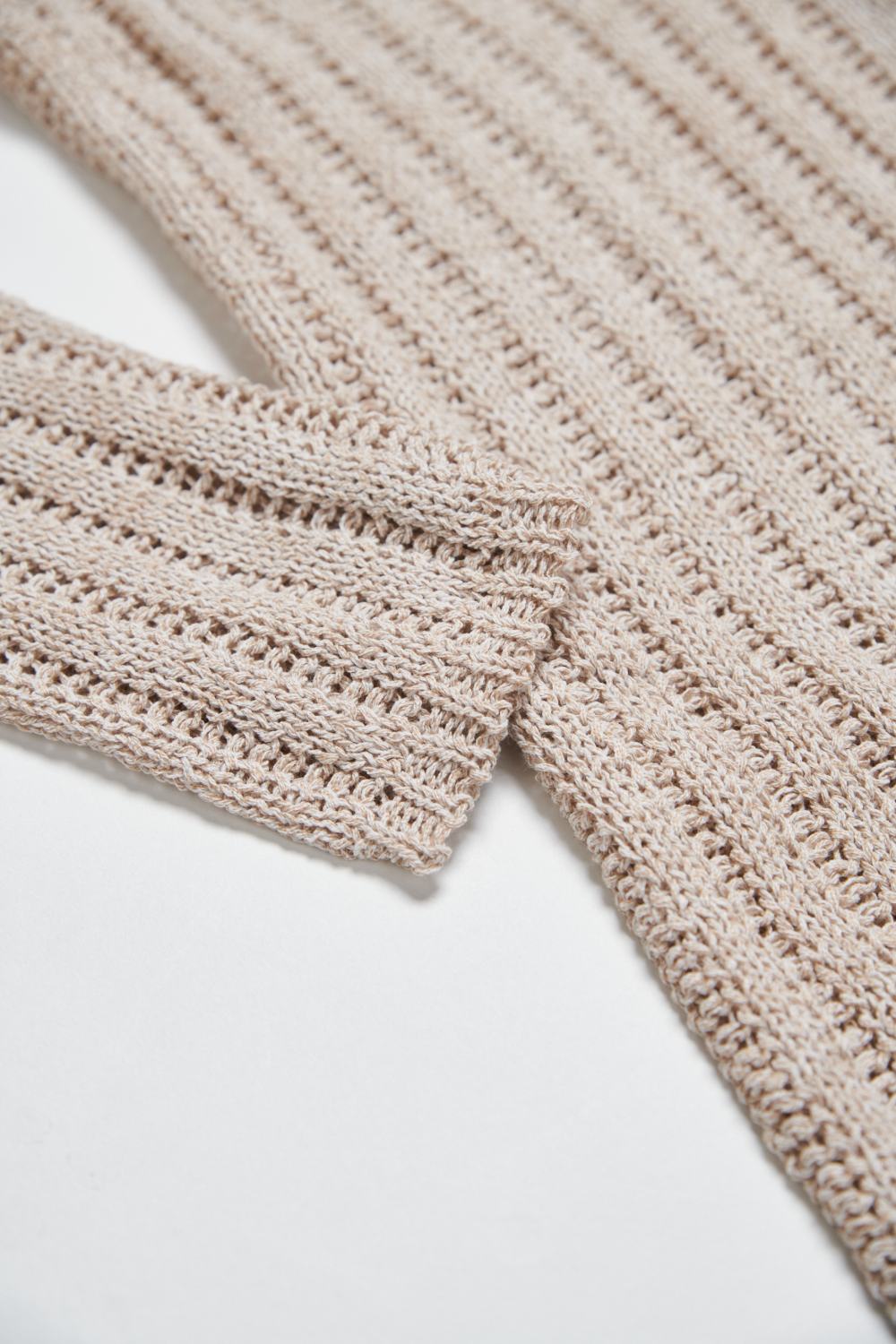 鏤空編織微透感V領開襟針織外套-卡其