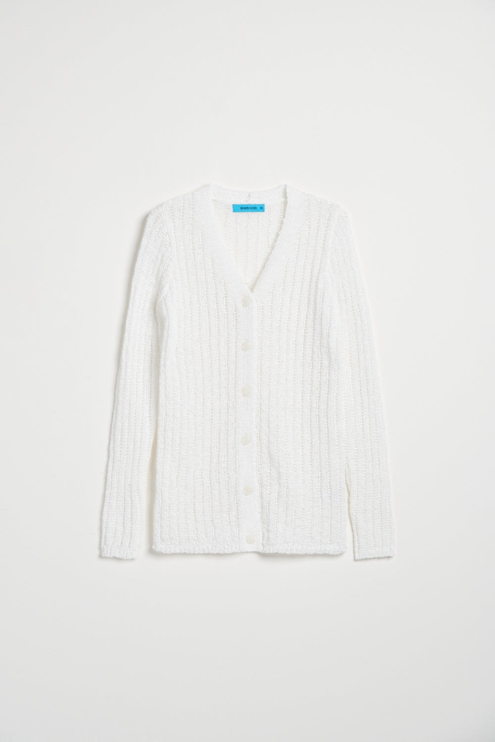 鏤空編織微透感V領開襟針織外套-白