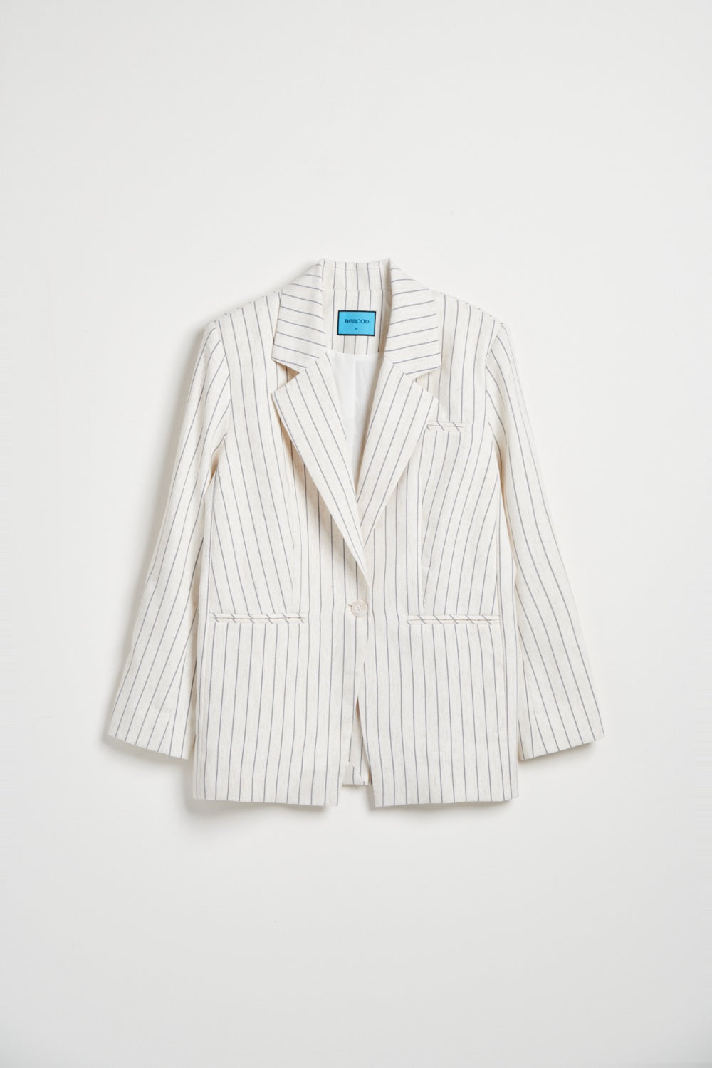 中長版墊肩直條紋西裝外套-卡其