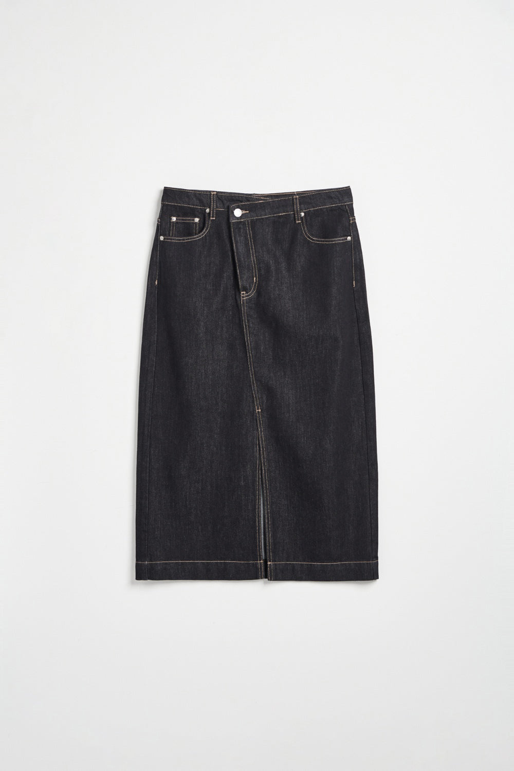 斜門襟開叉配色壓線丹寧牛仔長裙-黑