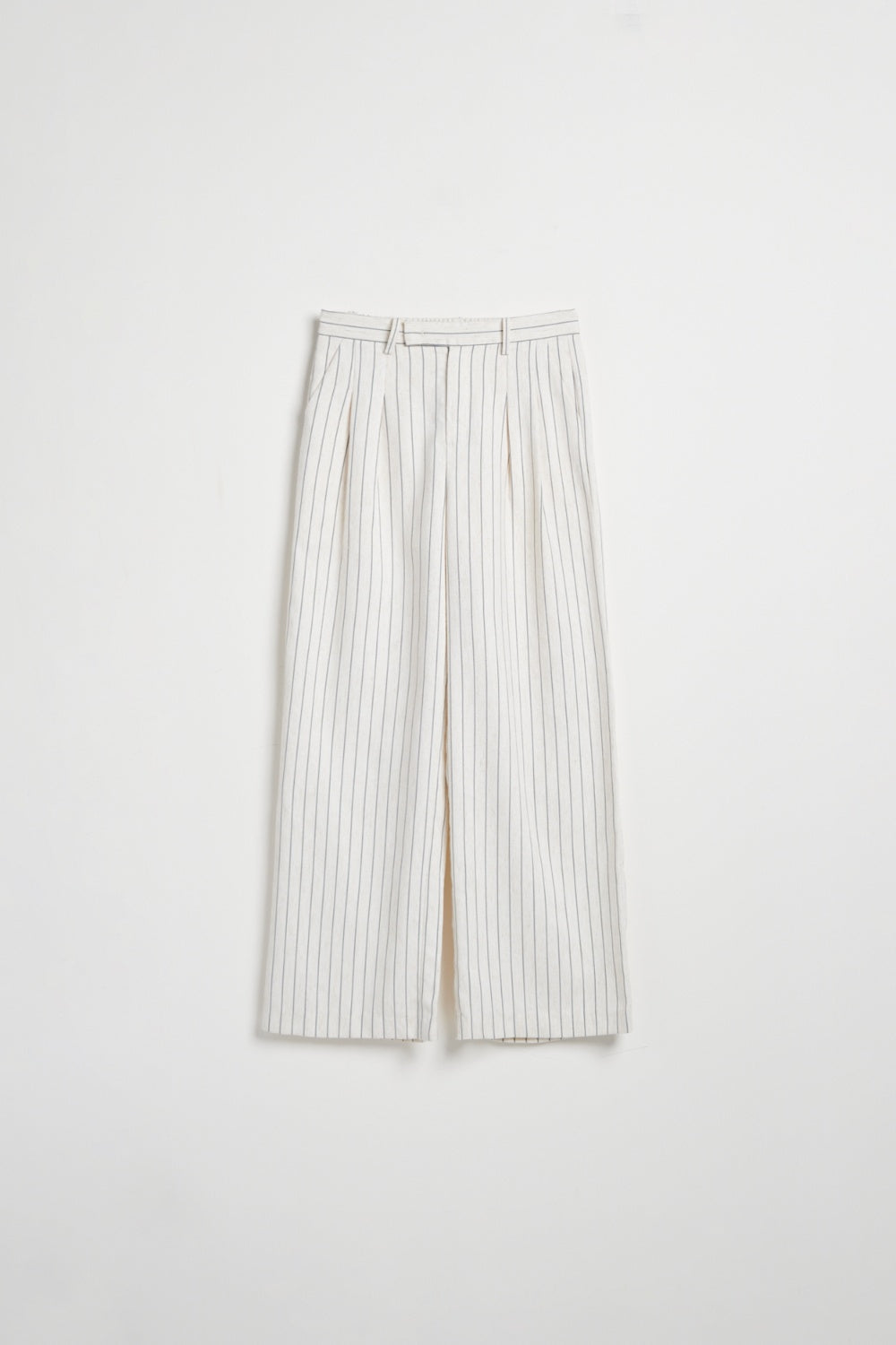直條紋抓褶西裝直筒寬褲-卡其