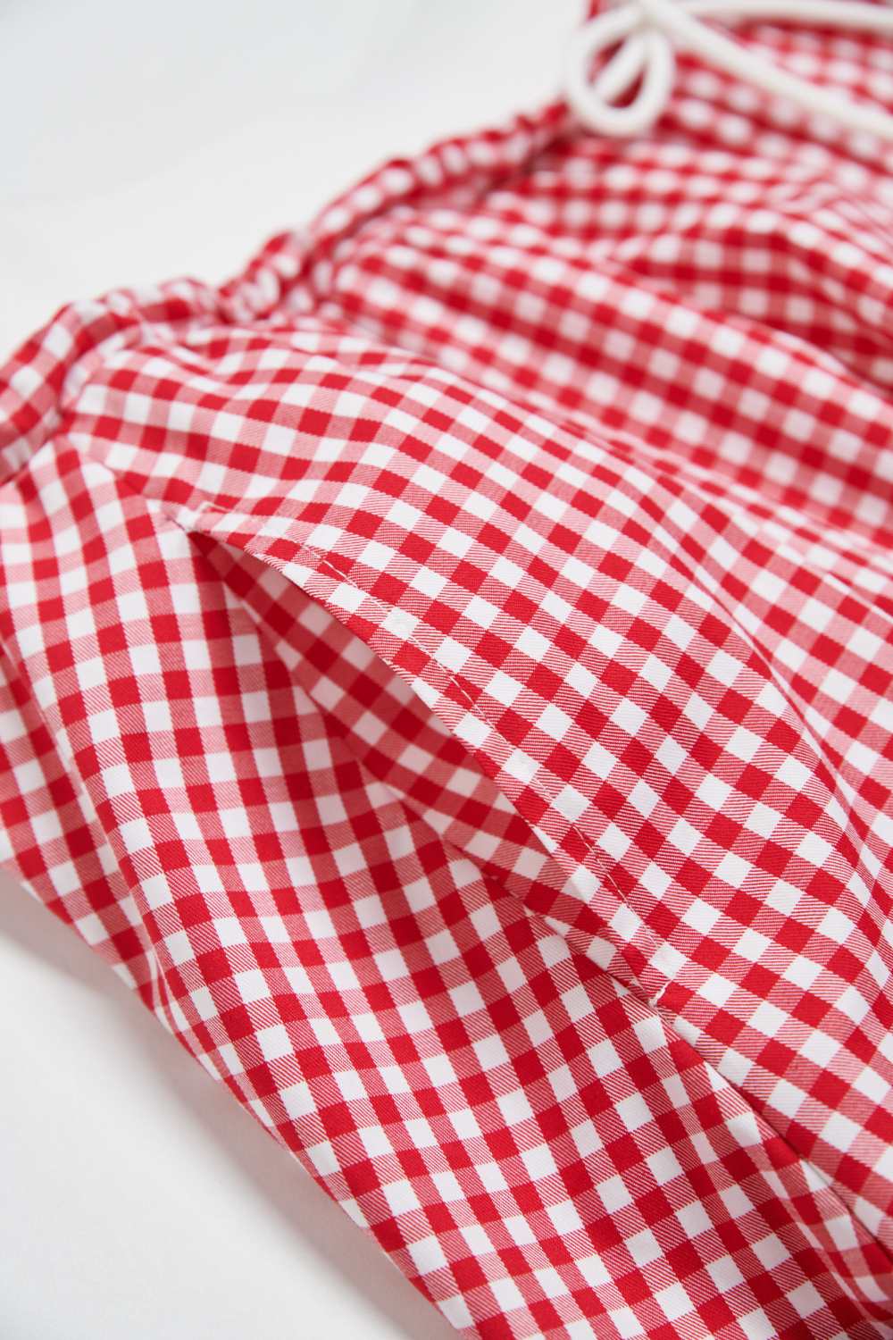 假兩件格紋花苞裙褲(附綁帶)-紅色