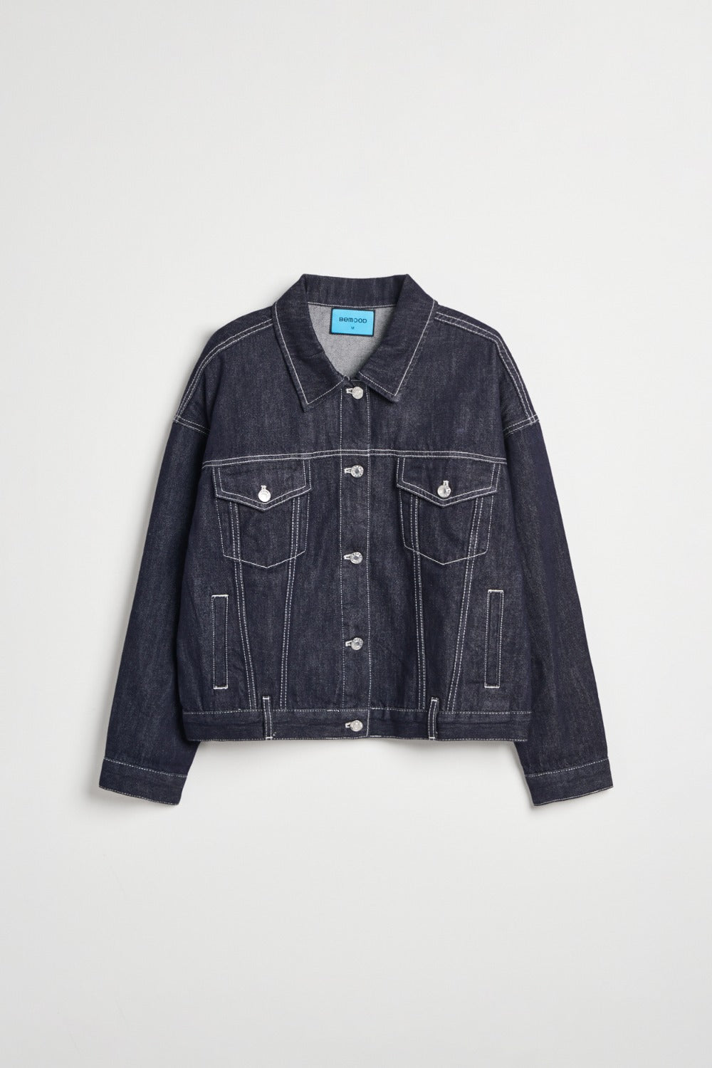 落肩配色壓線丹寧牛仔外套-藏青