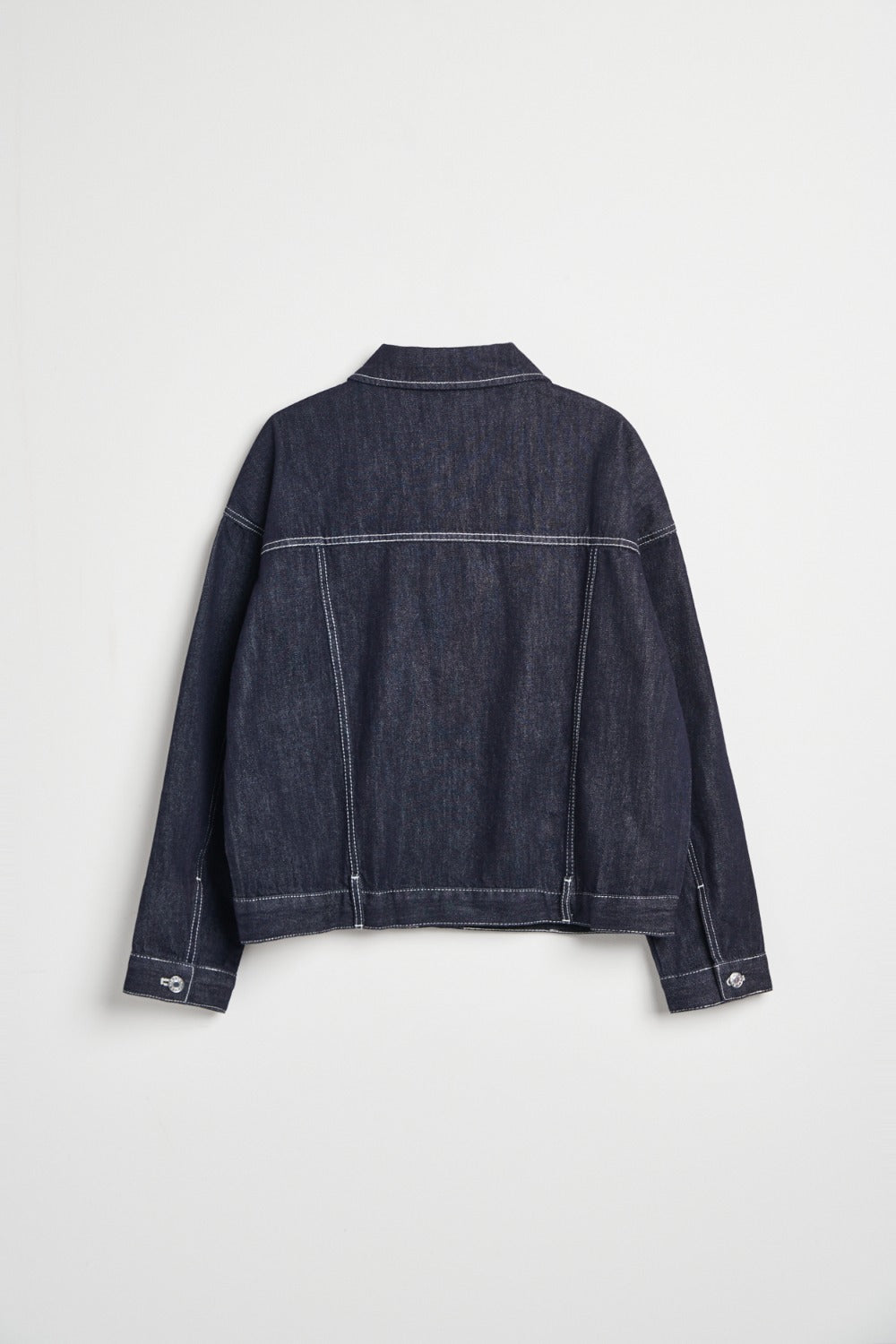 落肩配色壓線丹寧牛仔外套-藏青