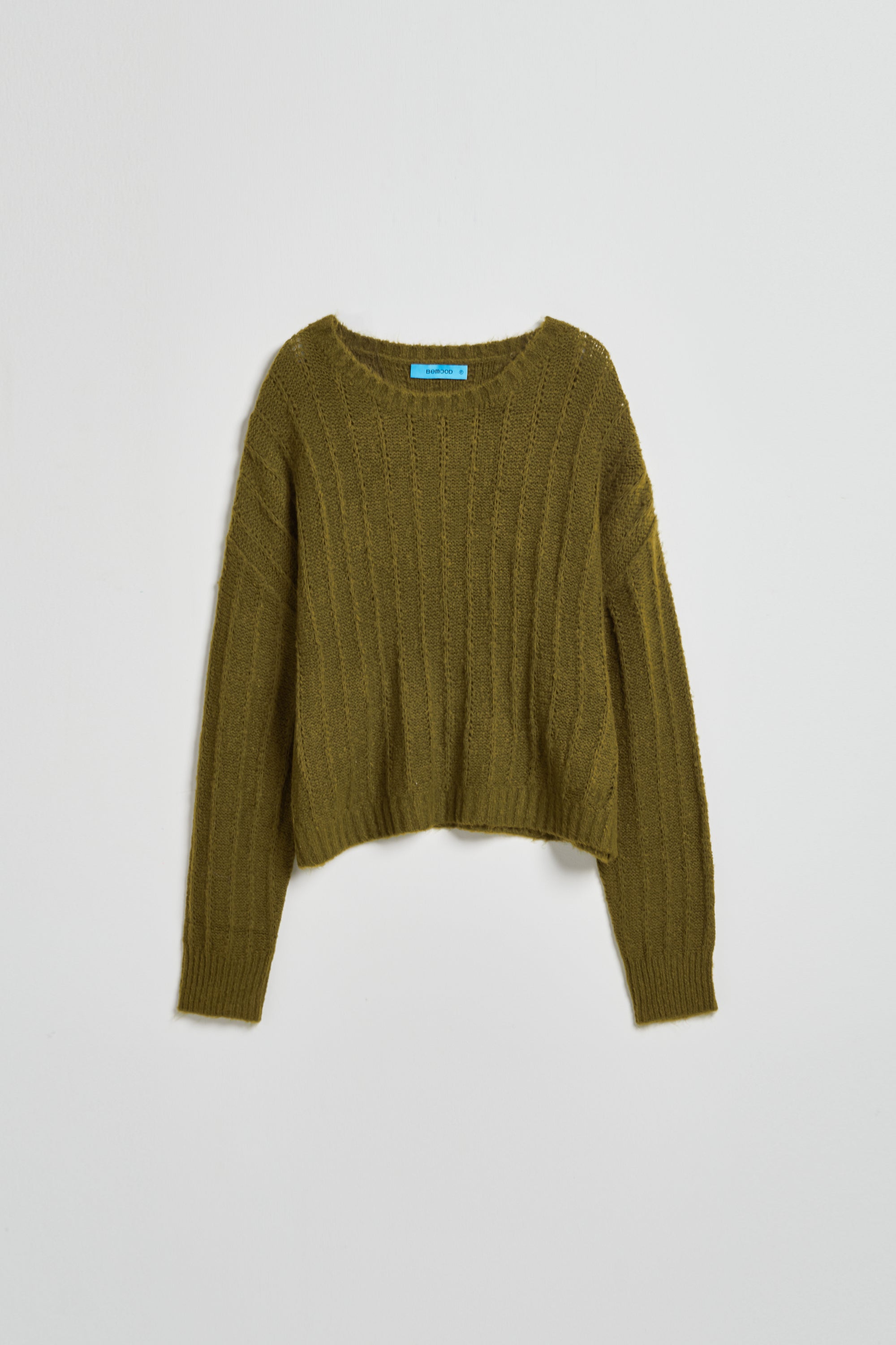 絨感毛圈紗寬短版針織毛衣-綠色