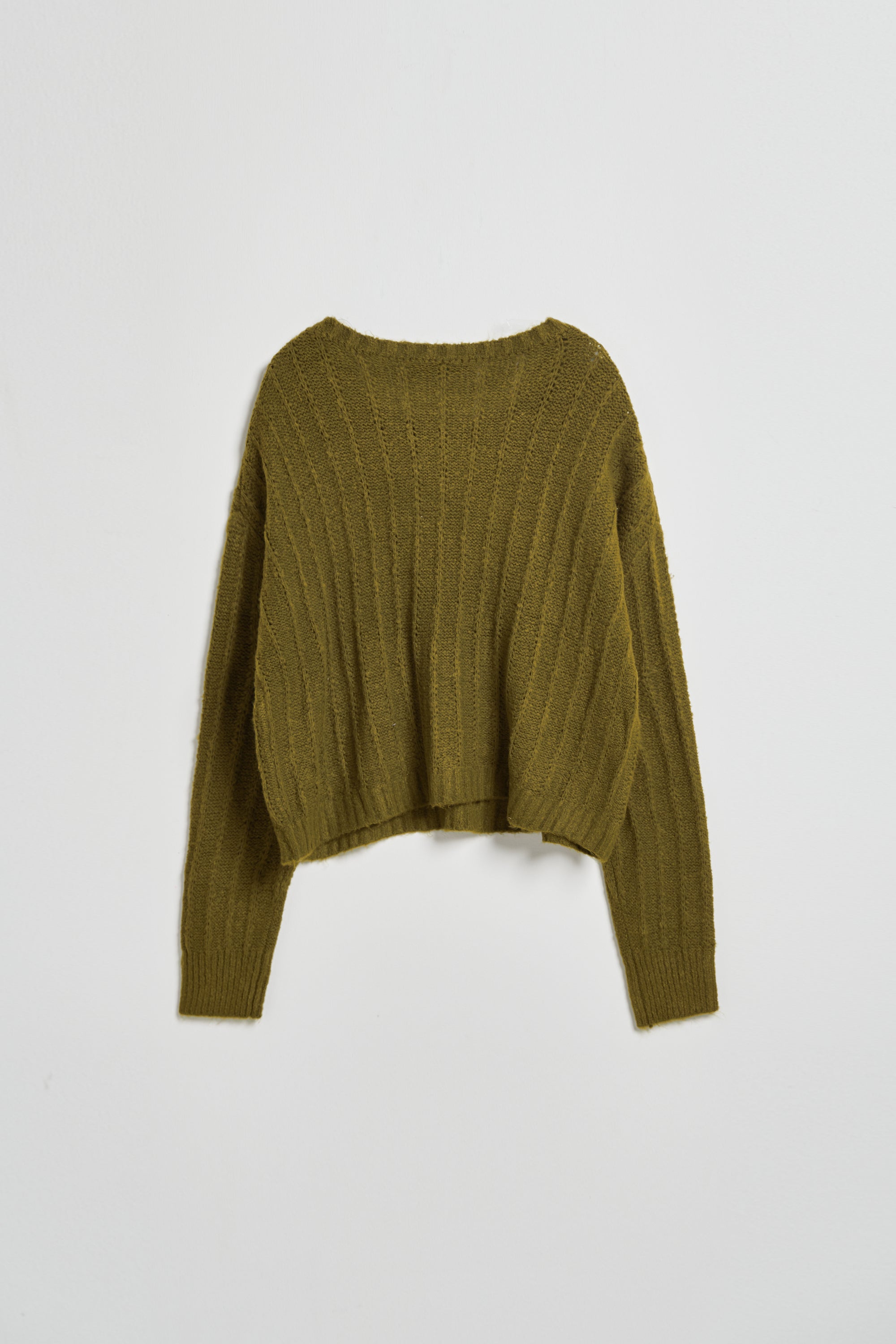 絨感毛圈紗寬短版針織毛衣-綠色