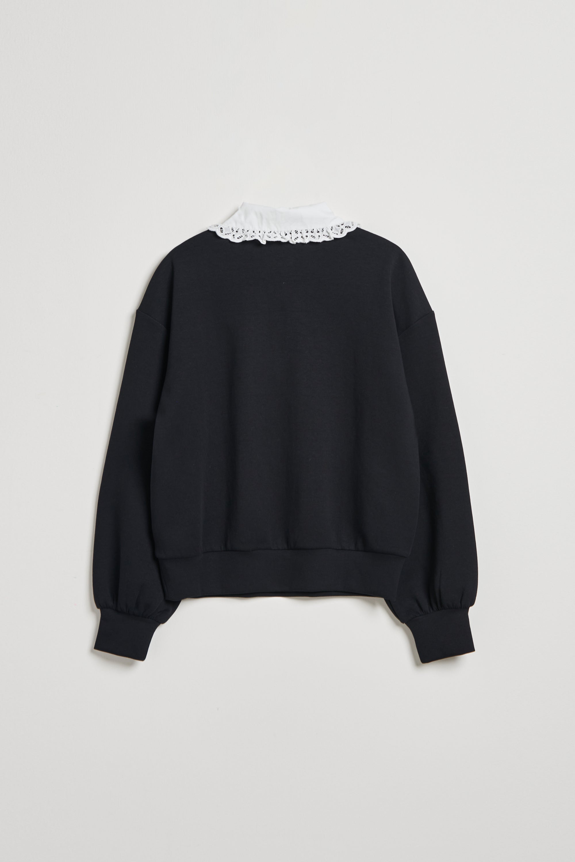 配色蕾絲娃娃領空氣棉上衣-黑
