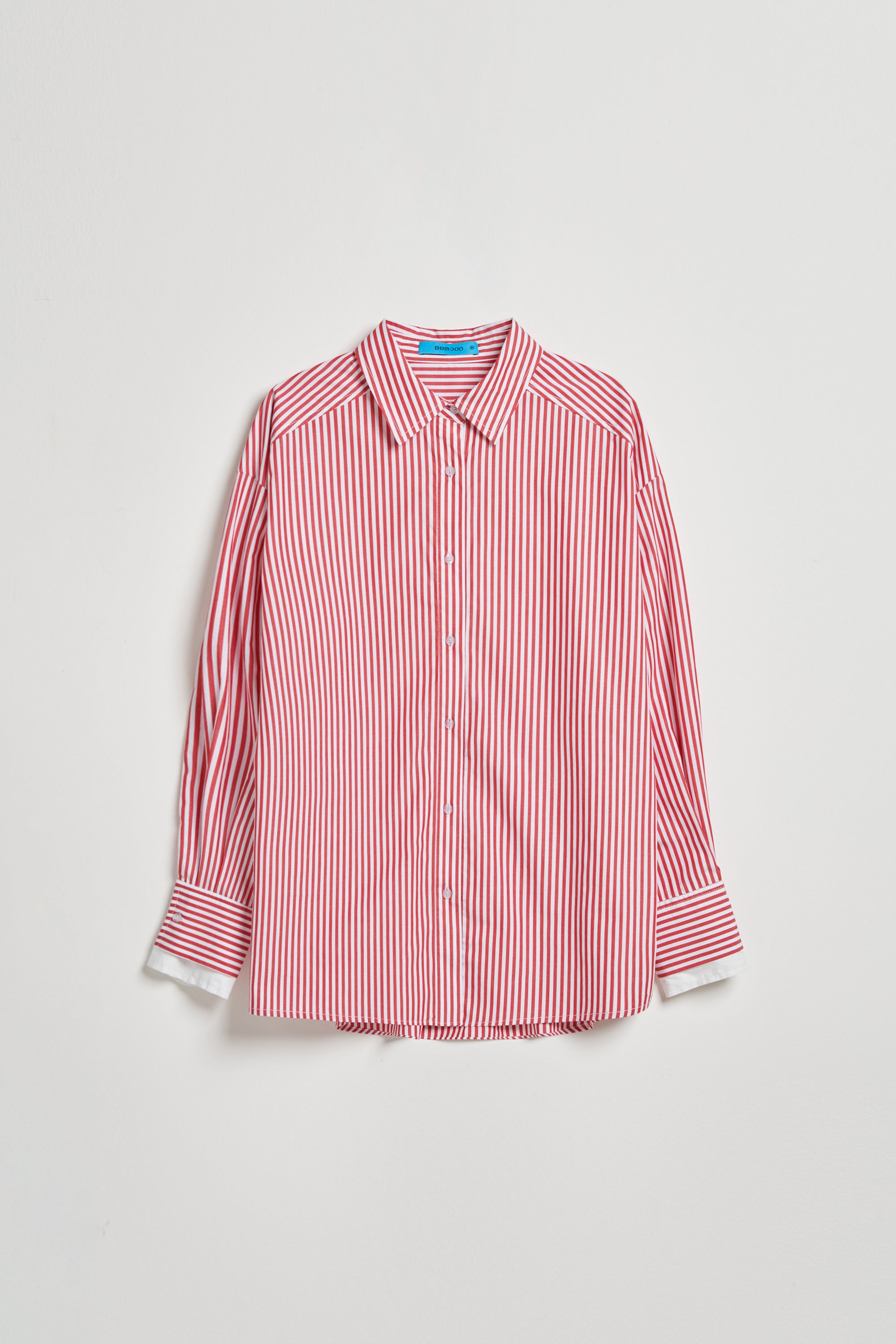 條紋配色造型袖寬長版襯衫-紅
