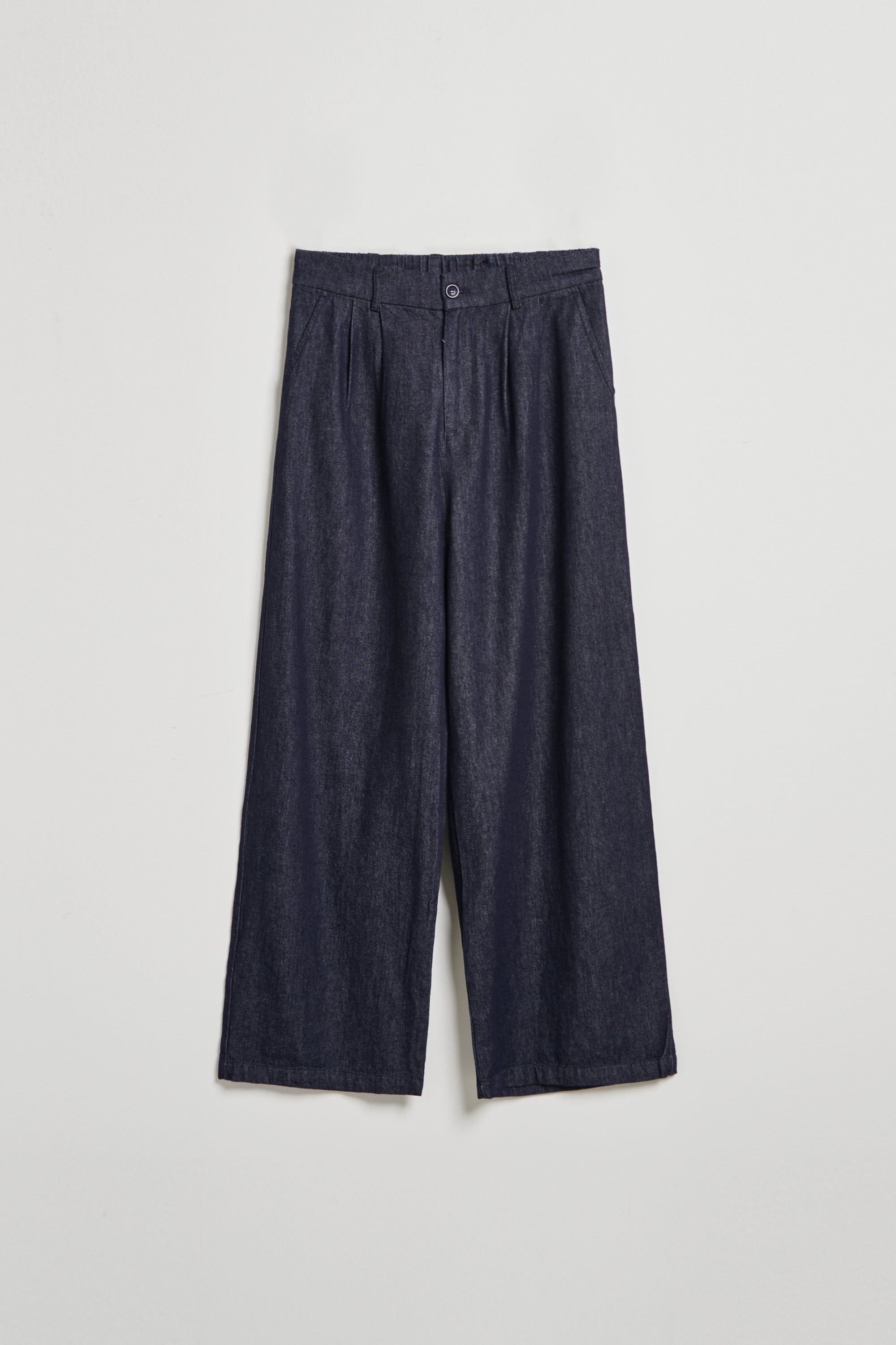 水洗花紗後鬆緊丹寧直筒褲-藍色