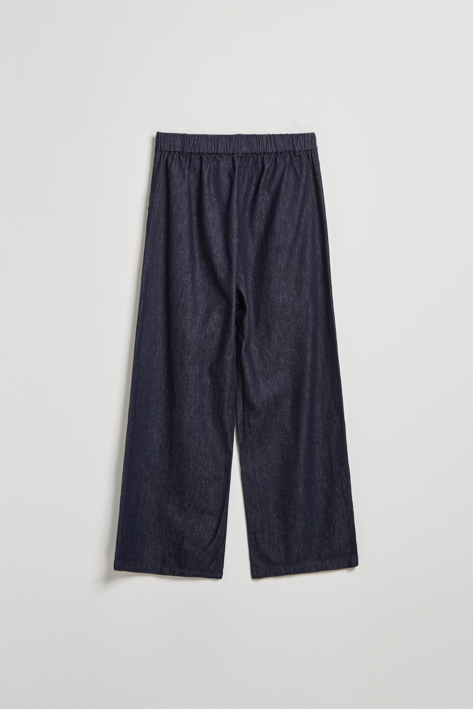 水洗花紗後鬆緊丹寧直筒褲-藍色