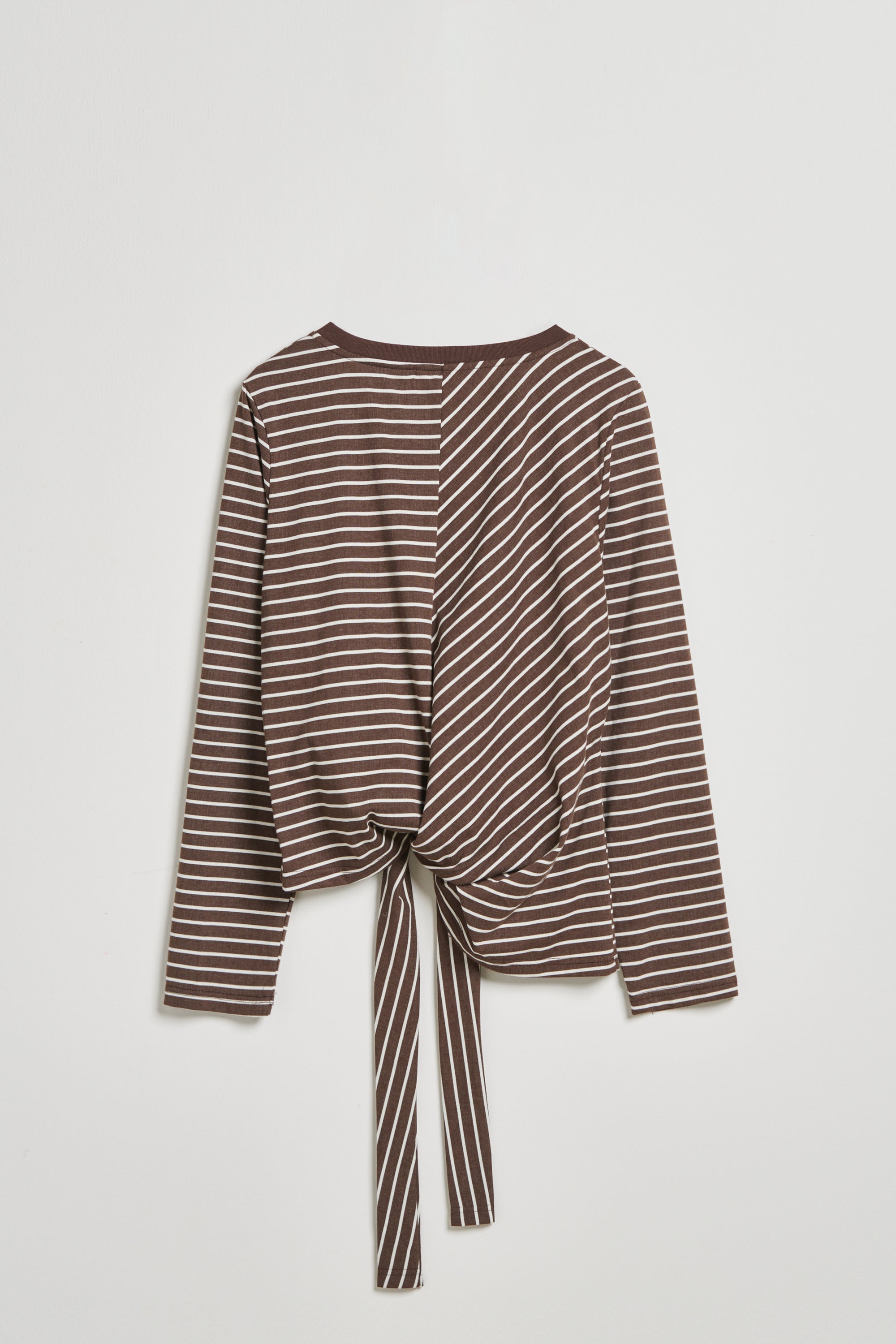 條紋拼接側綁帶上衣-咖