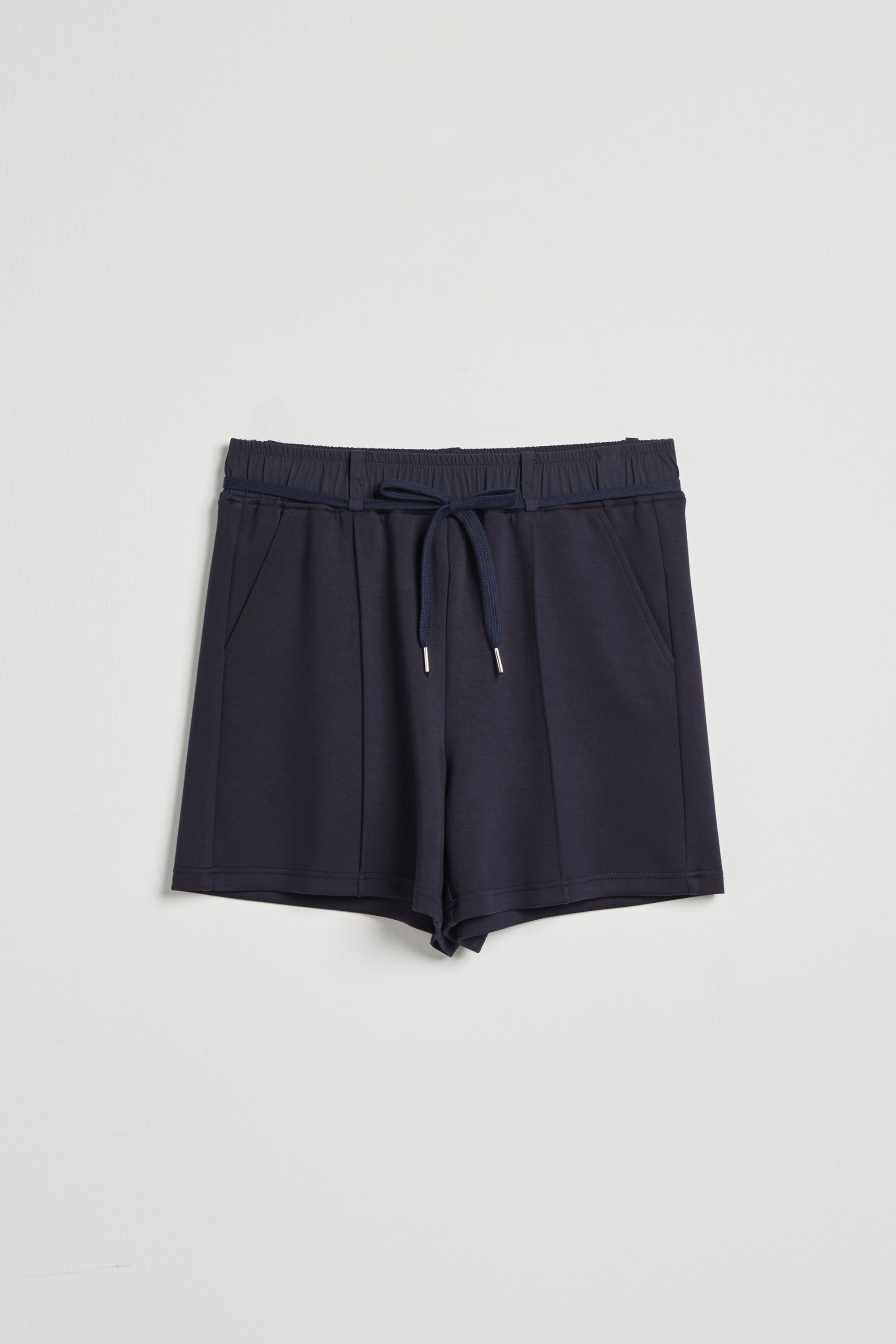 零感空氣棉車折拼接短褲(附造型綁帶)-藍色