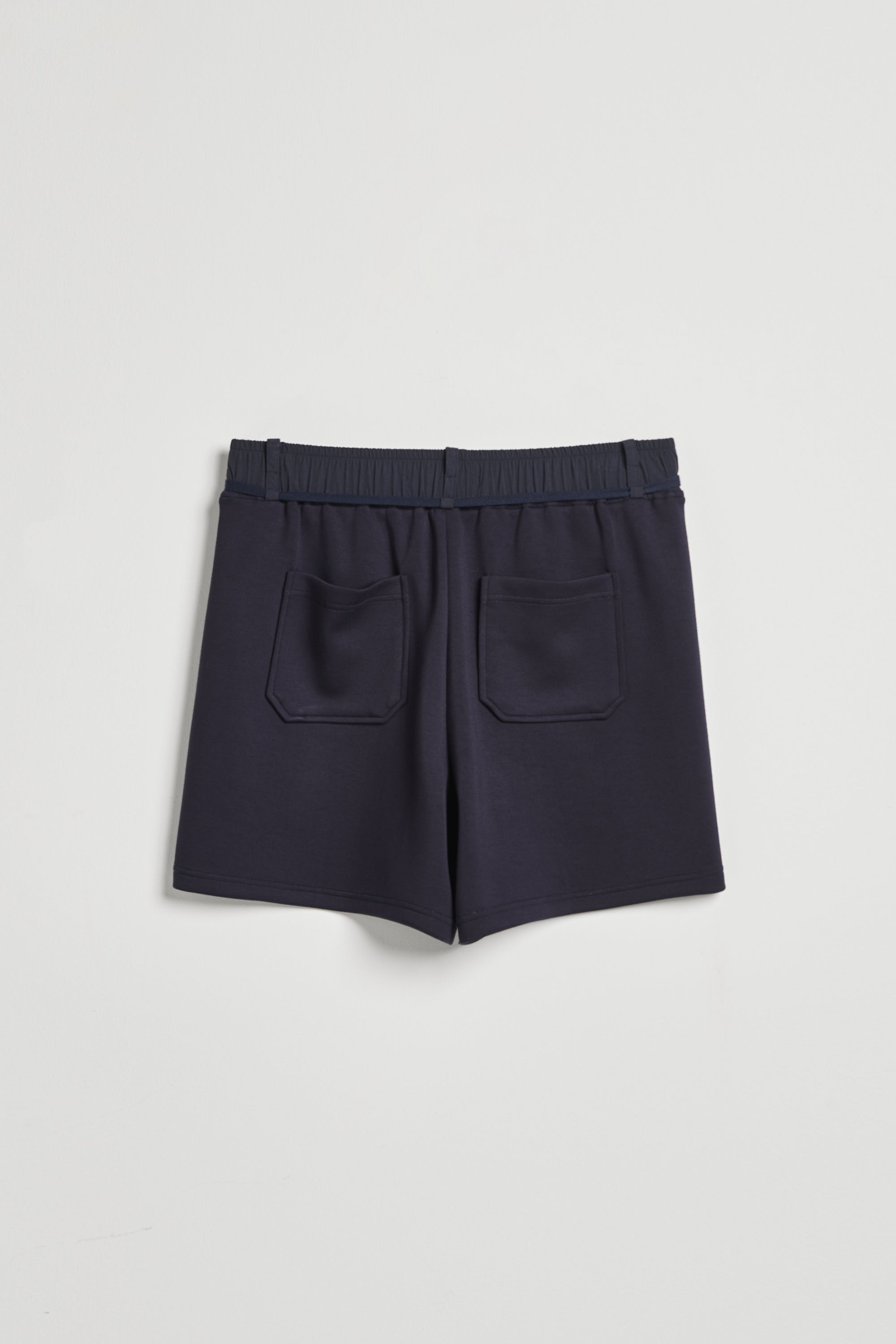 零感空氣棉車折拼接短褲(附造型綁帶)-藍色