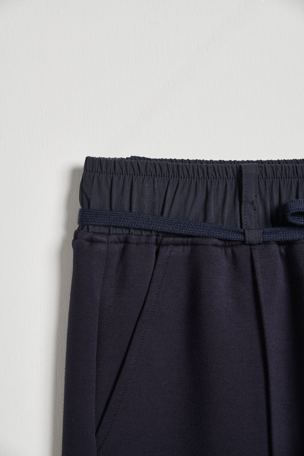 零感空氣棉車折拼接短褲(附造型綁帶)-藍色