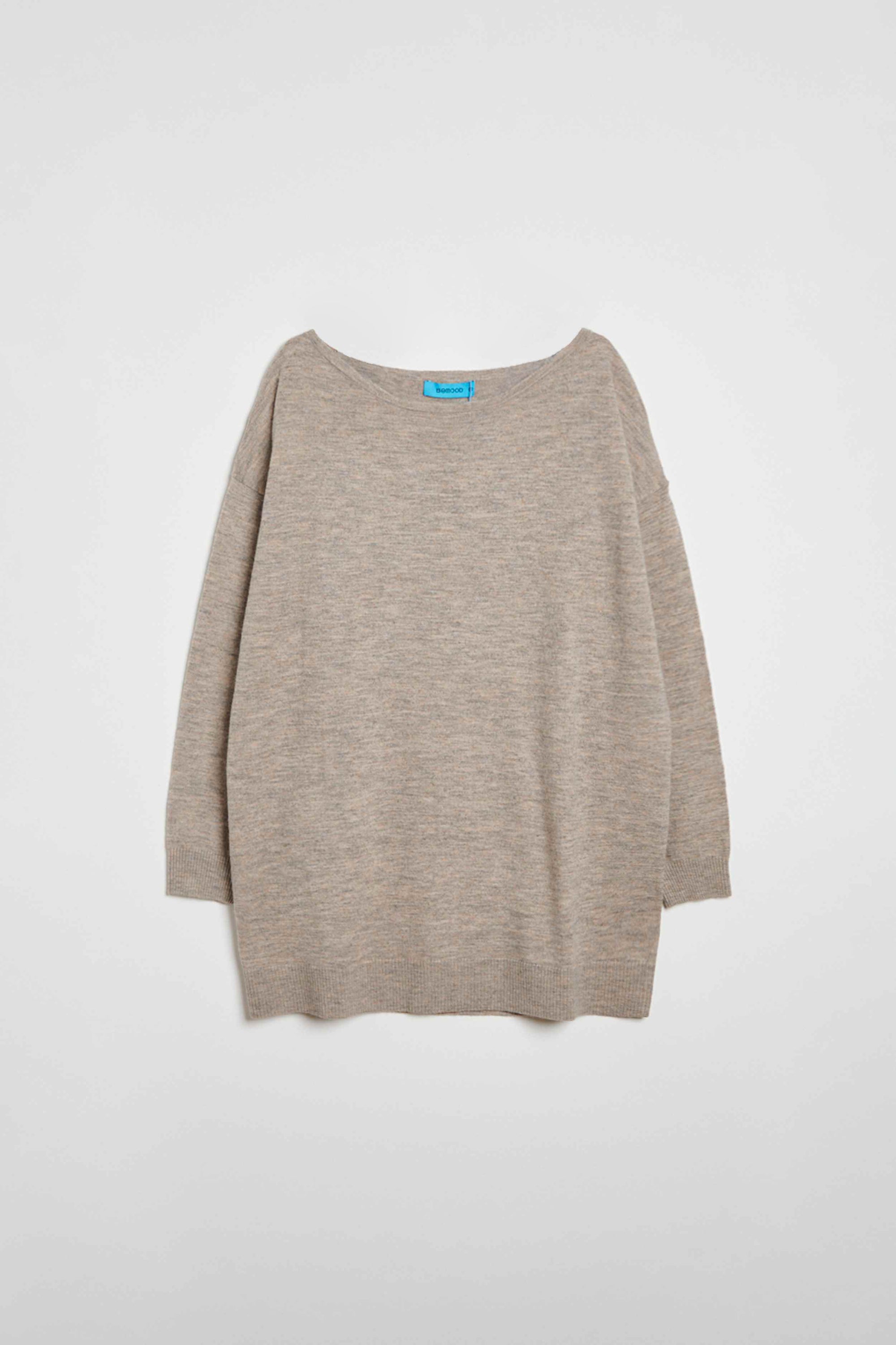 船型領寬長版花紗毛衣上衣-駝色