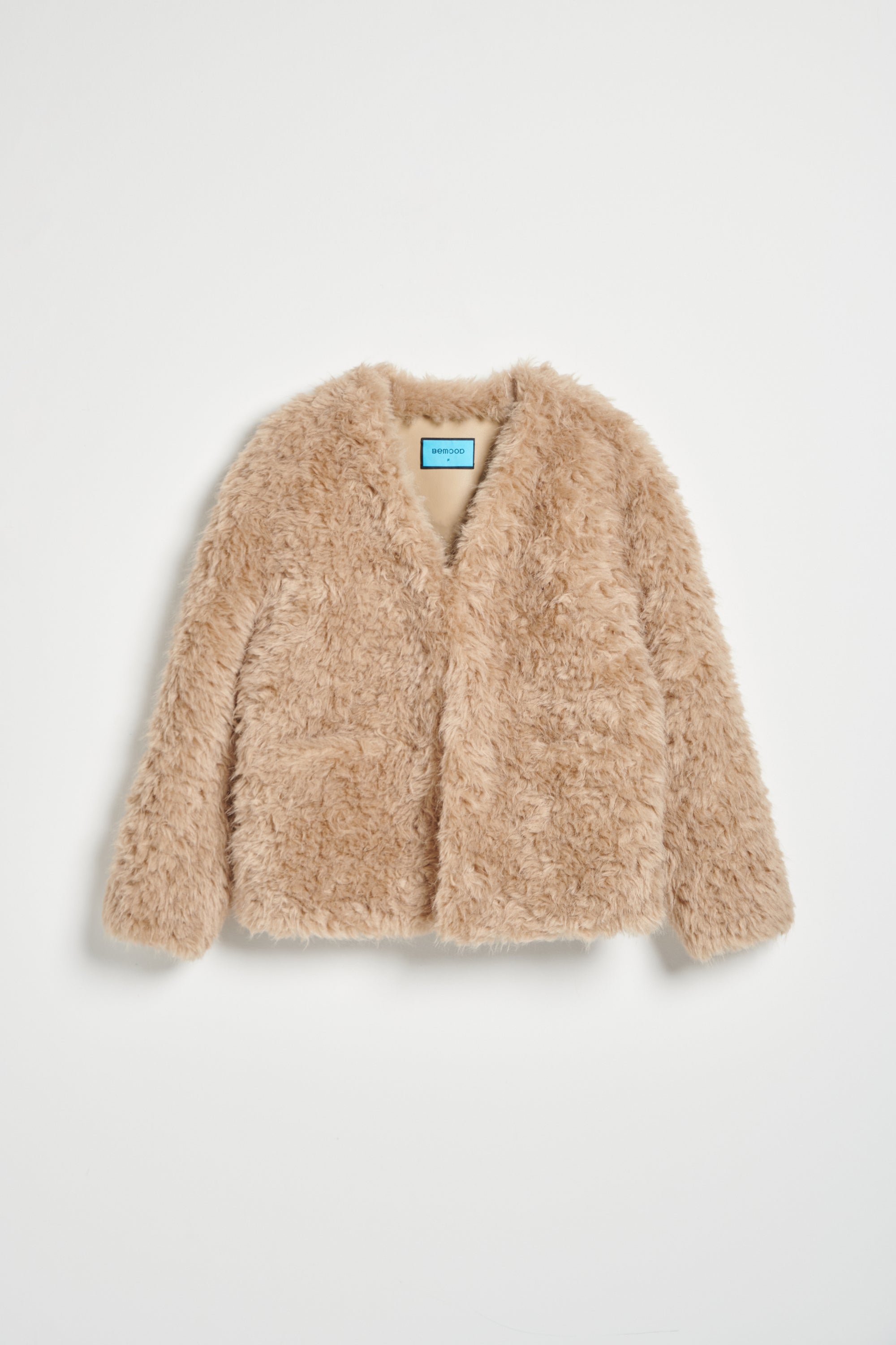 毛絨拼接皮革外套-卡其