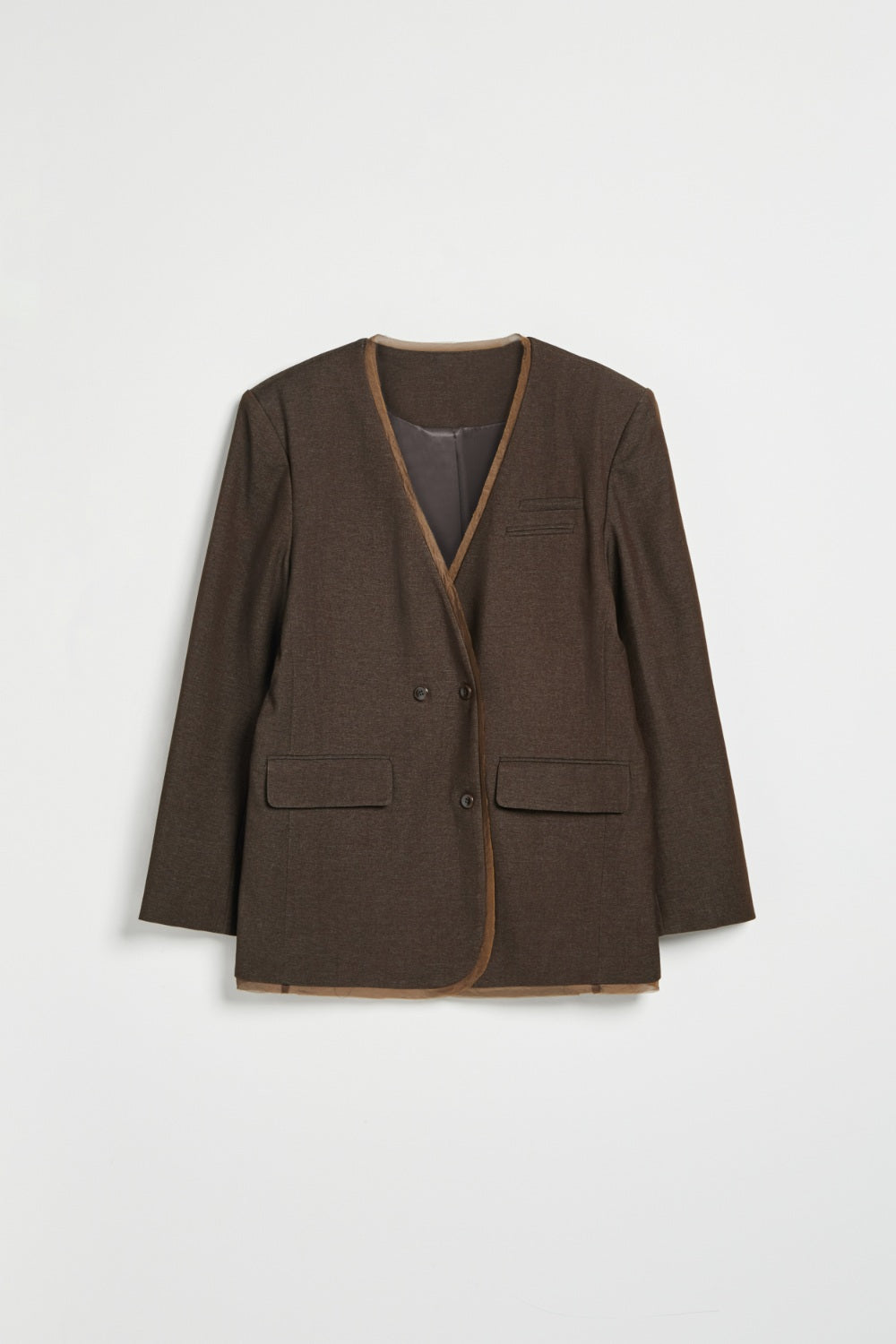 異材質拼接無領西裝外套-咖