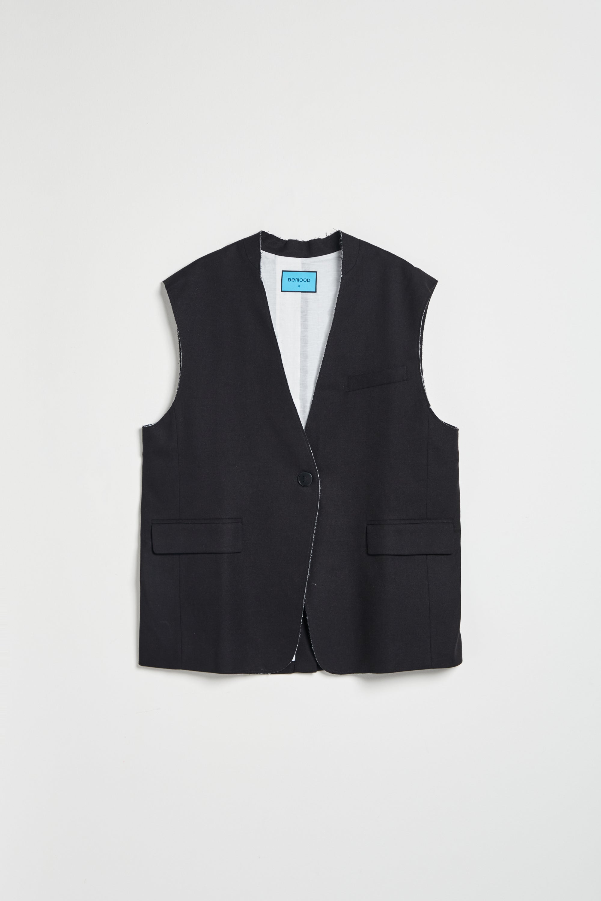 不收邊羊毛混紡長版西裝背心外套-黑