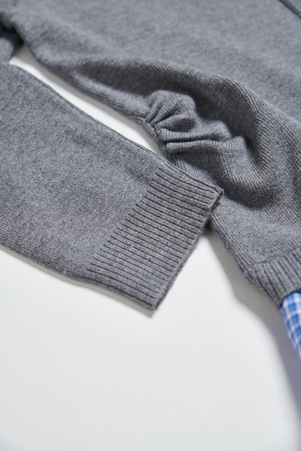 格紋拼接造型開襟針織毛衣(附綁帶)-灰