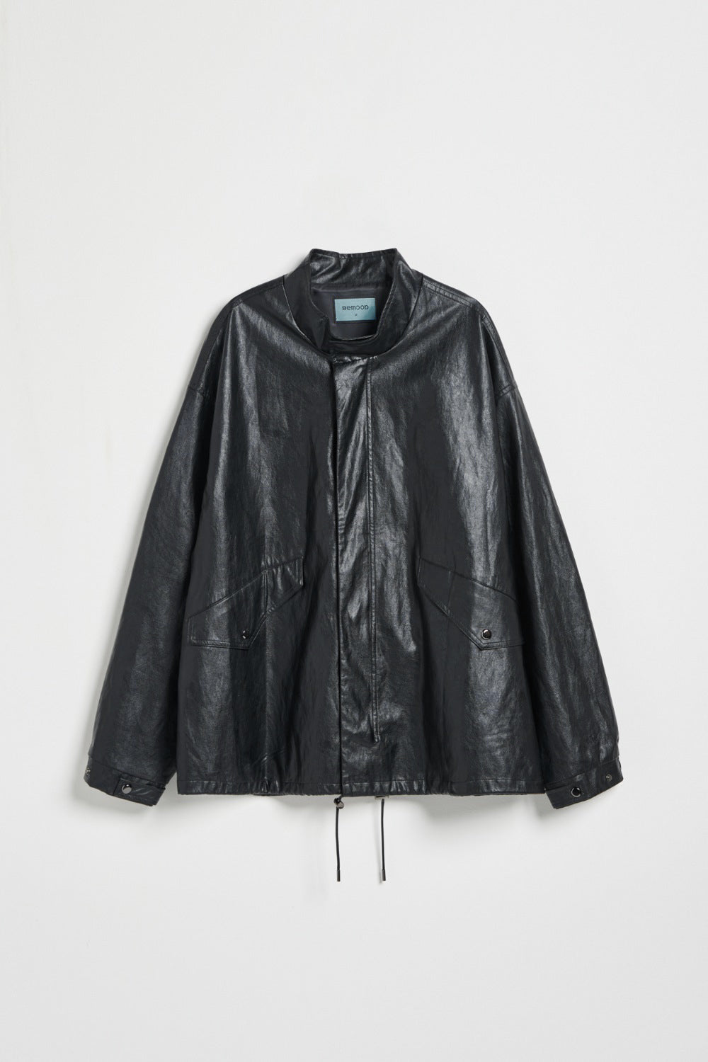 下襬抽繩立領皮革外套-黑