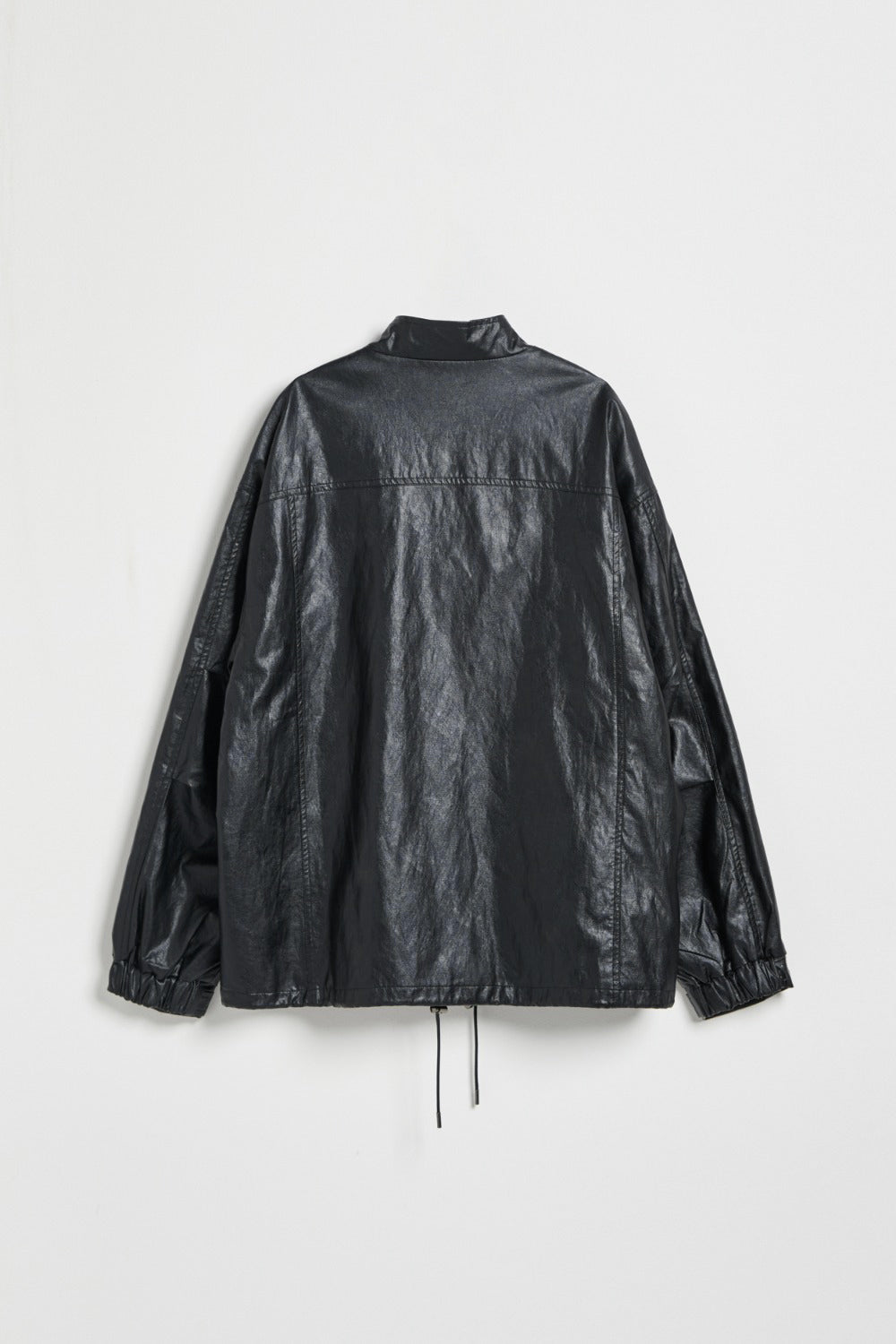 下襬抽繩立領皮革外套-黑