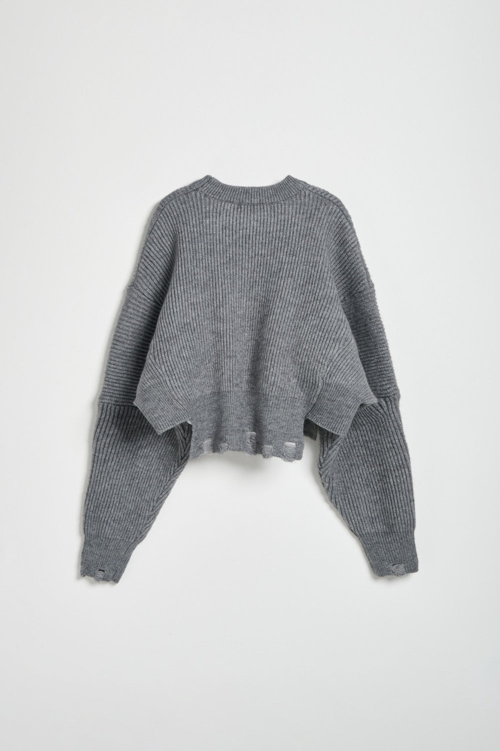 破損感直條短版針織毛衣-灰