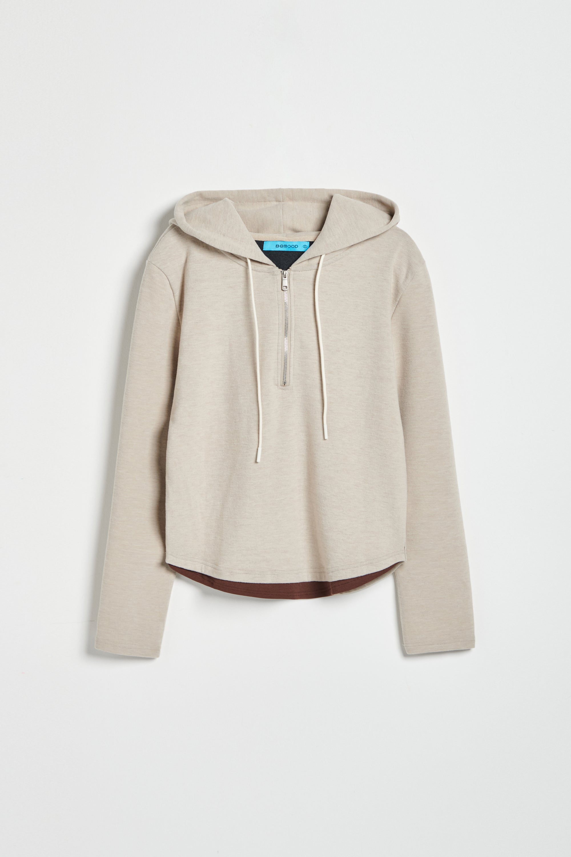 連帽假兩件配色拉鍊收腰上衣-米