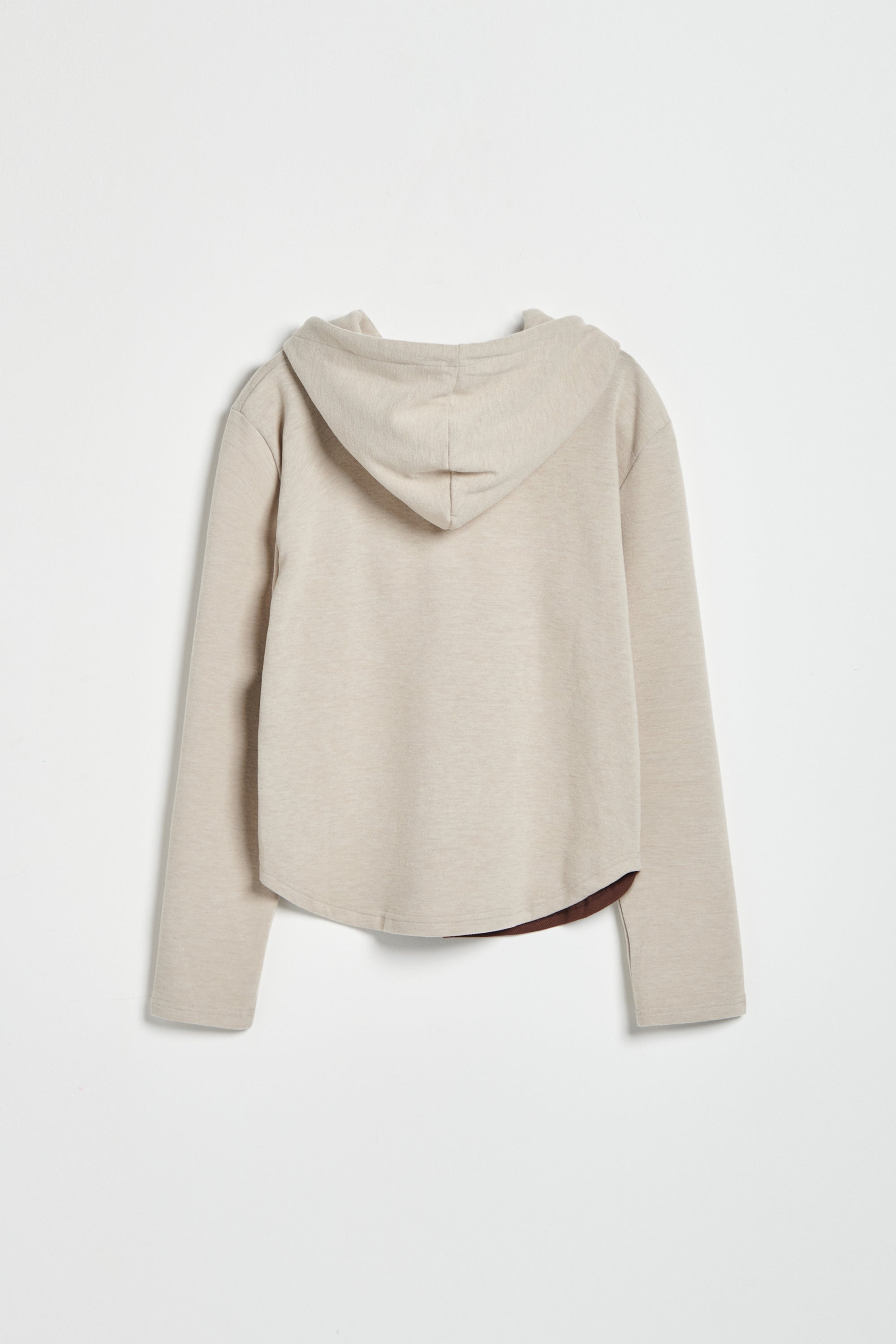 連帽假兩件配色拉鍊收腰上衣-米