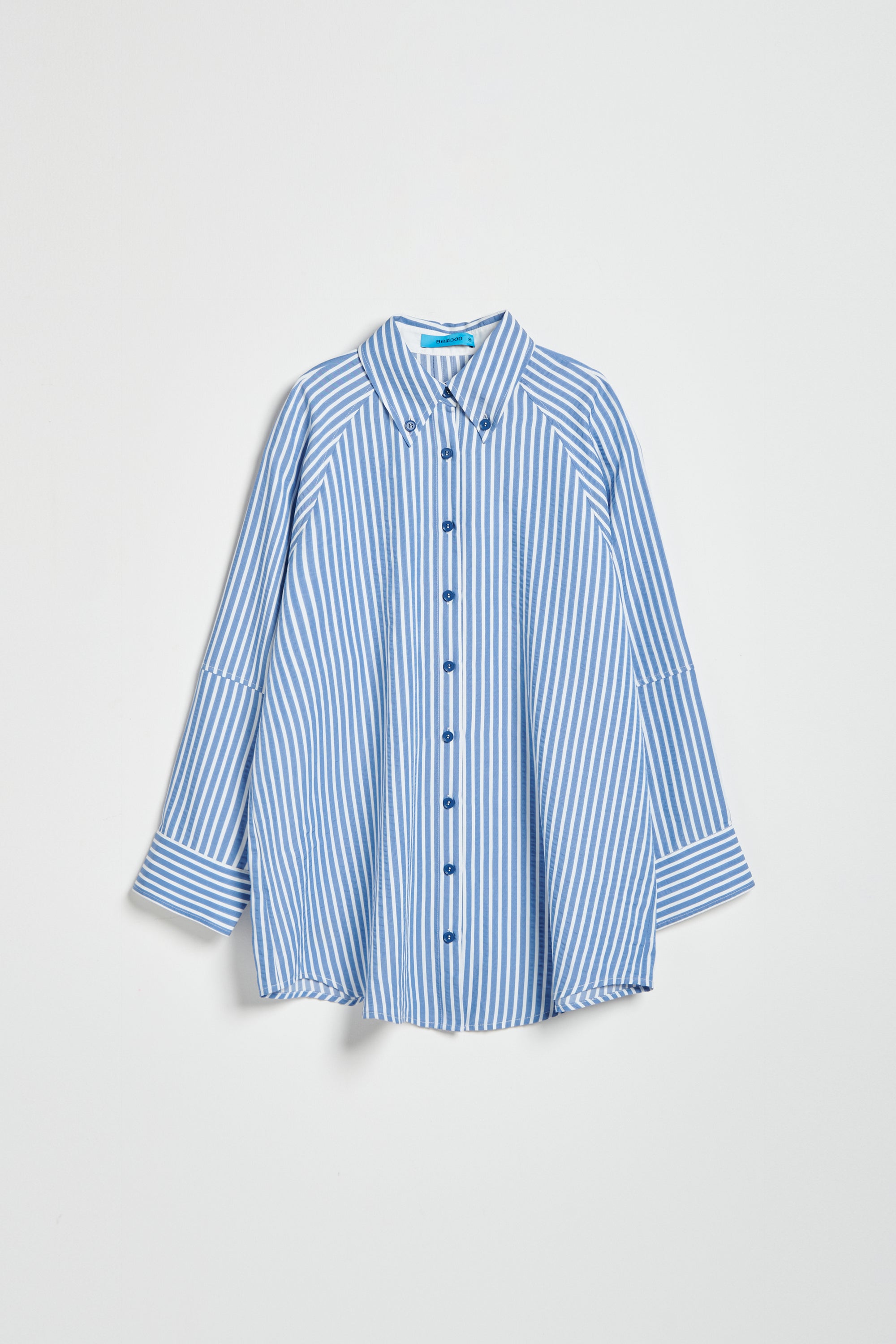 直條反摺配色袖口寬版襯衫(附髮圈)-藍白條