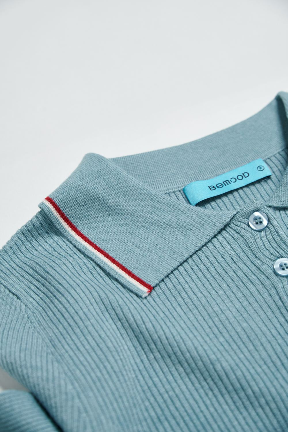 翻領配色半開襟坑條紋理針織毛衣-藍色