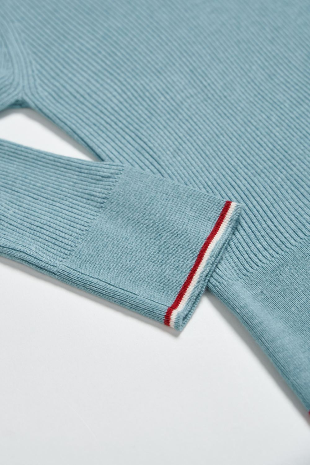 翻領配色半開襟坑條紋理針織毛衣-藍色