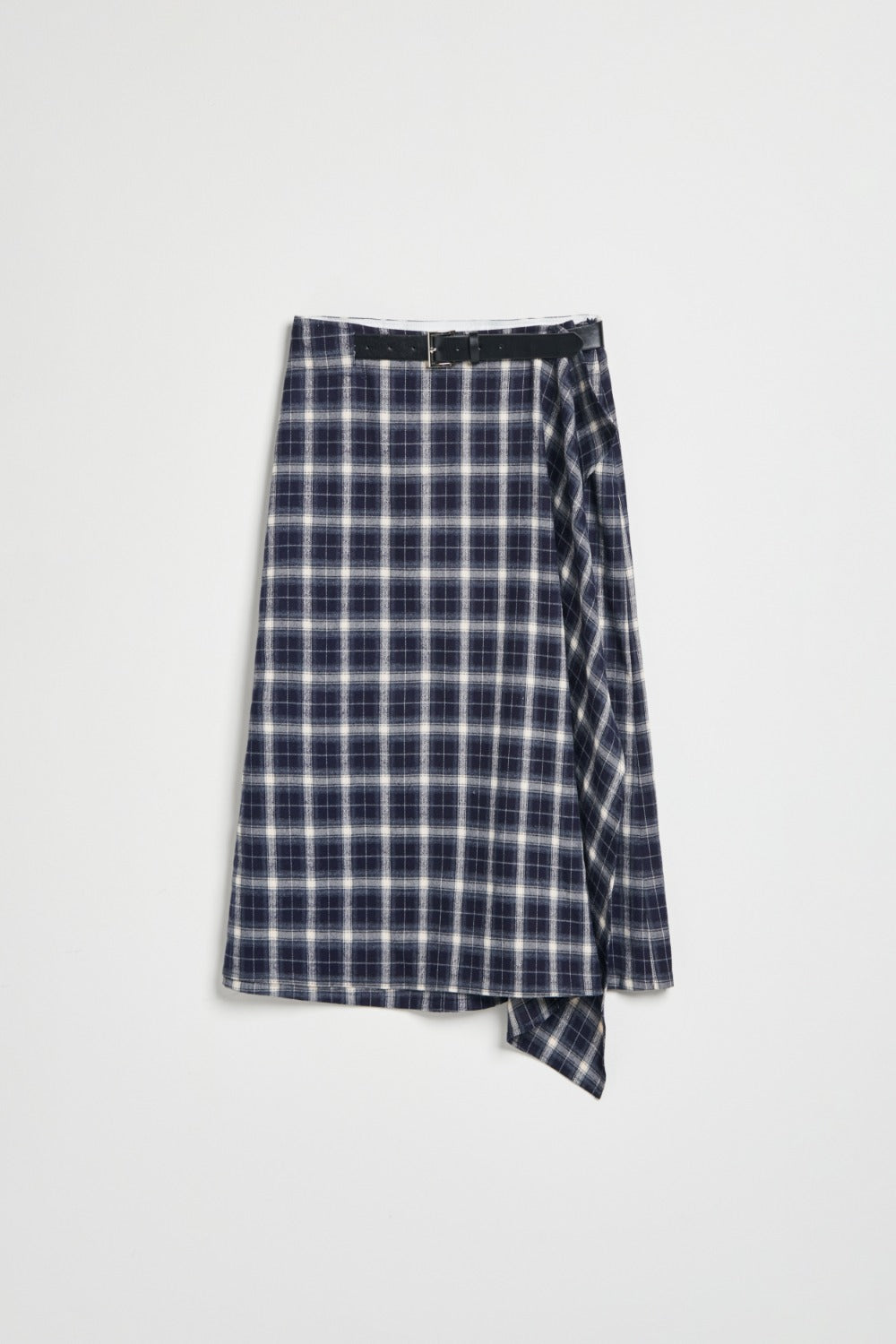 格紋層次荷葉剪接長裙(附皮帶)-藍白格