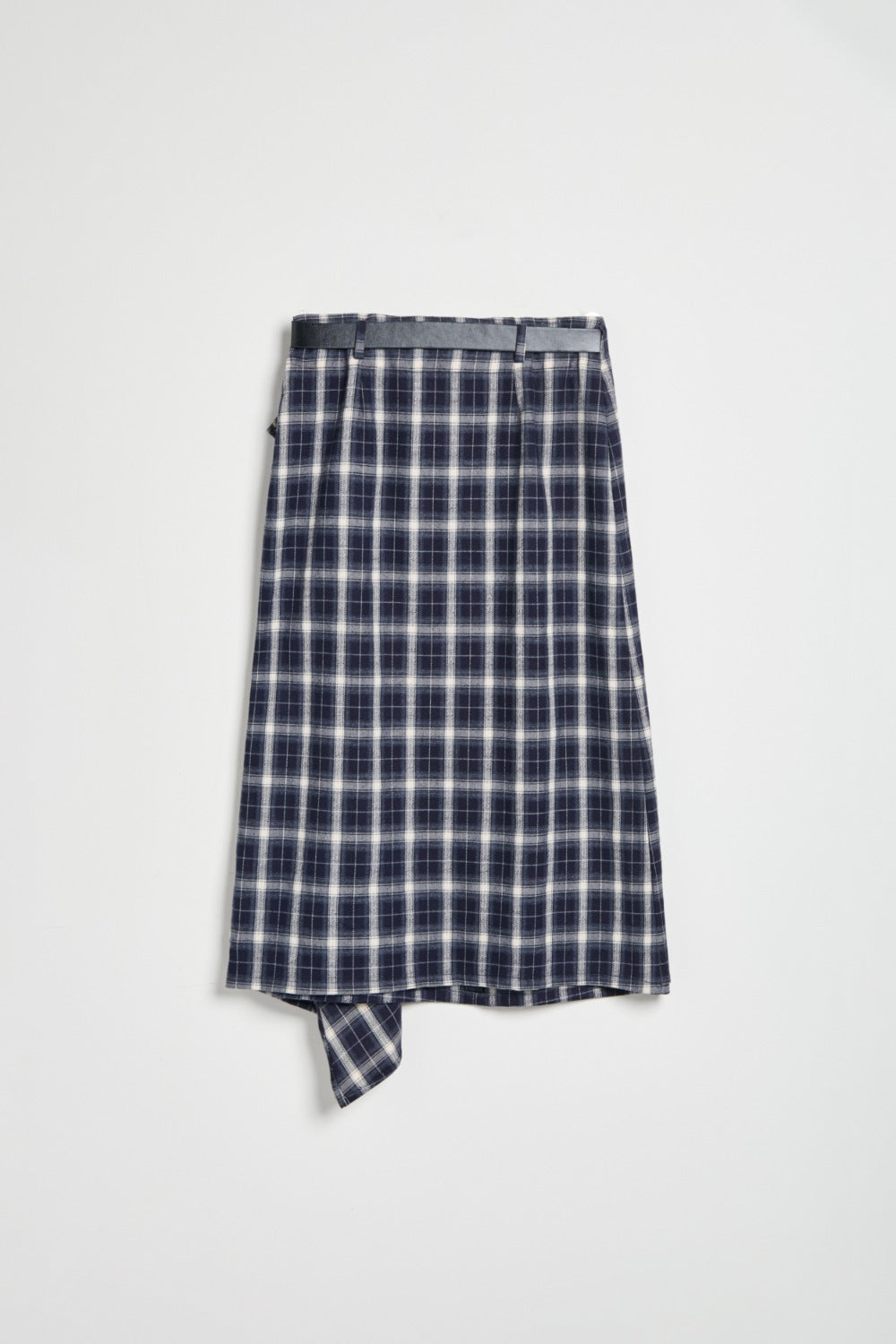 格紋層次荷葉剪接長裙(附皮帶)-藍白格