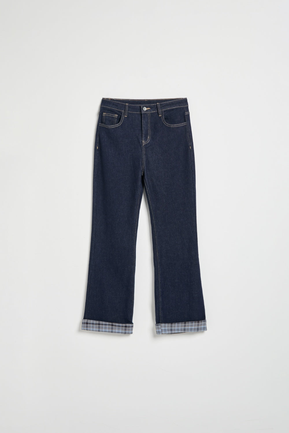 格紋反折修身小喇叭丹寧長褲-藍色