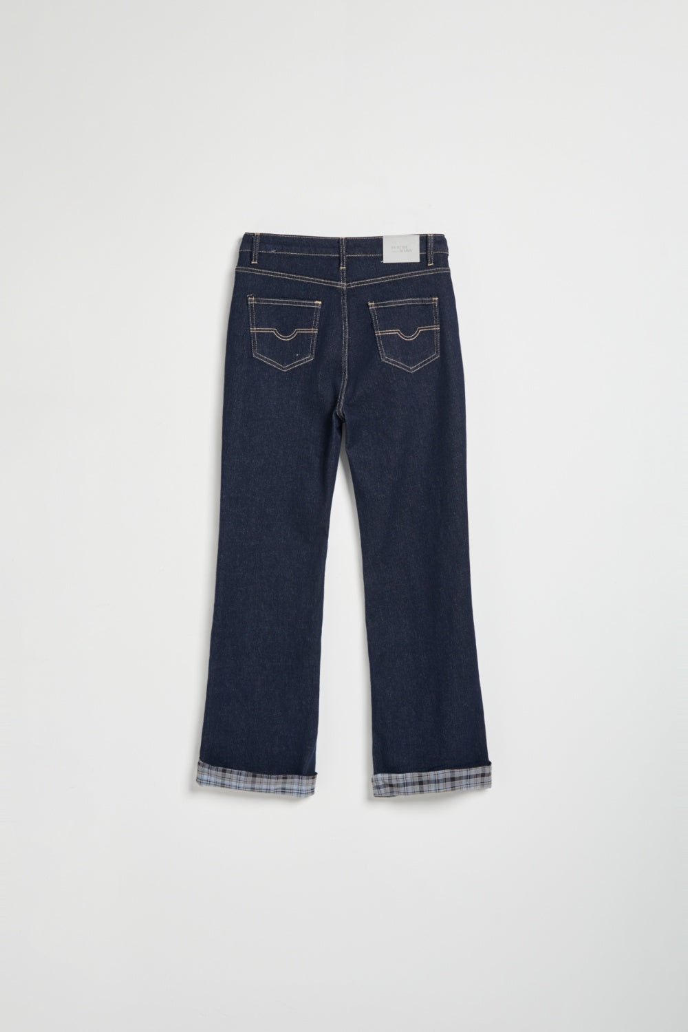 格紋反折修身小喇叭丹寧長褲-藍色