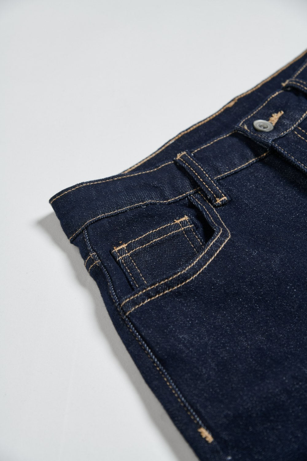 格紋反折修身小喇叭丹寧長褲-藍色