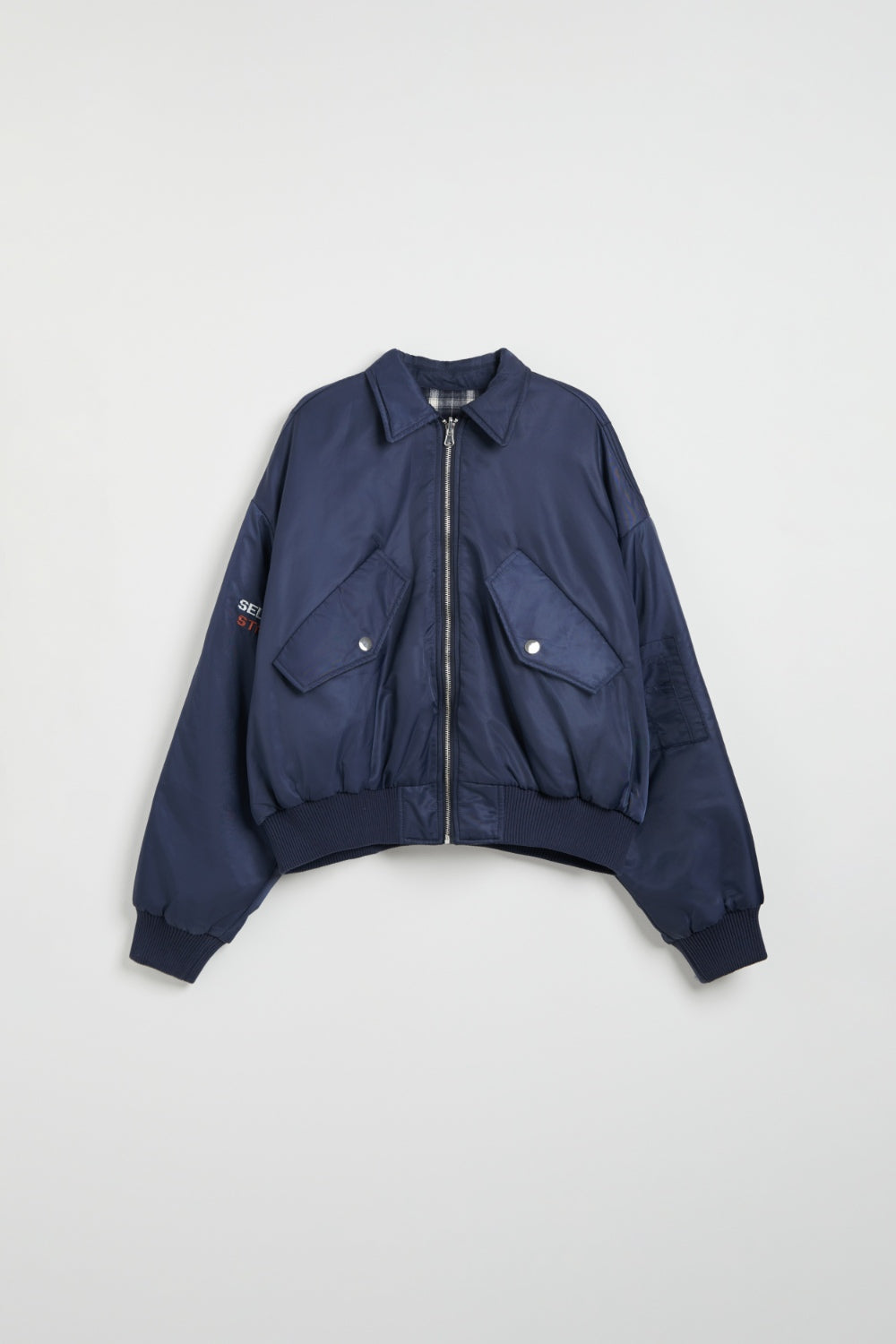 輕防潑水兩面穿格紋舖棉外套-藍色